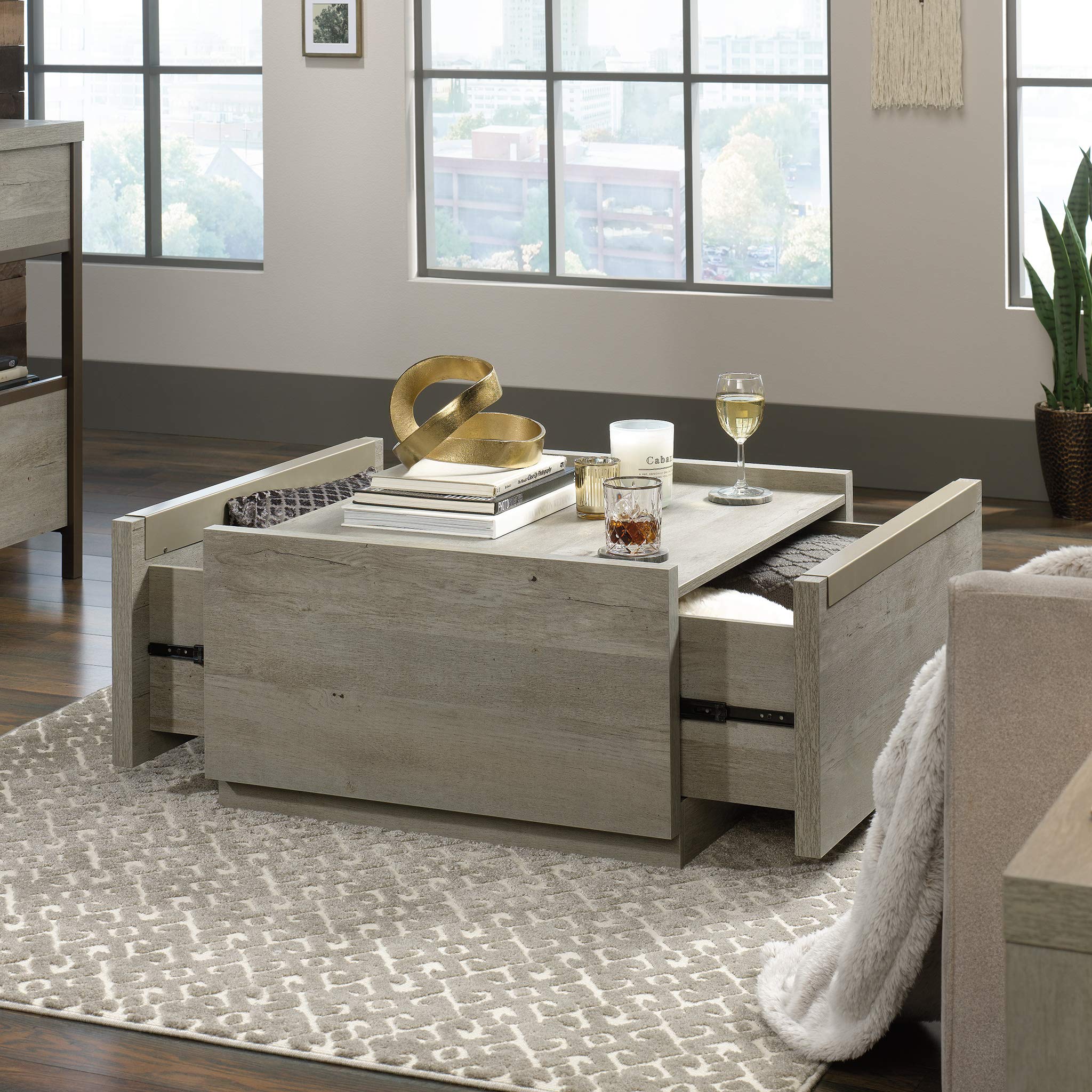 Modern Farmhouse Coffee Table - Sauder Manhattan Gate, Mystic Oak, 2 Drawers for Living Room