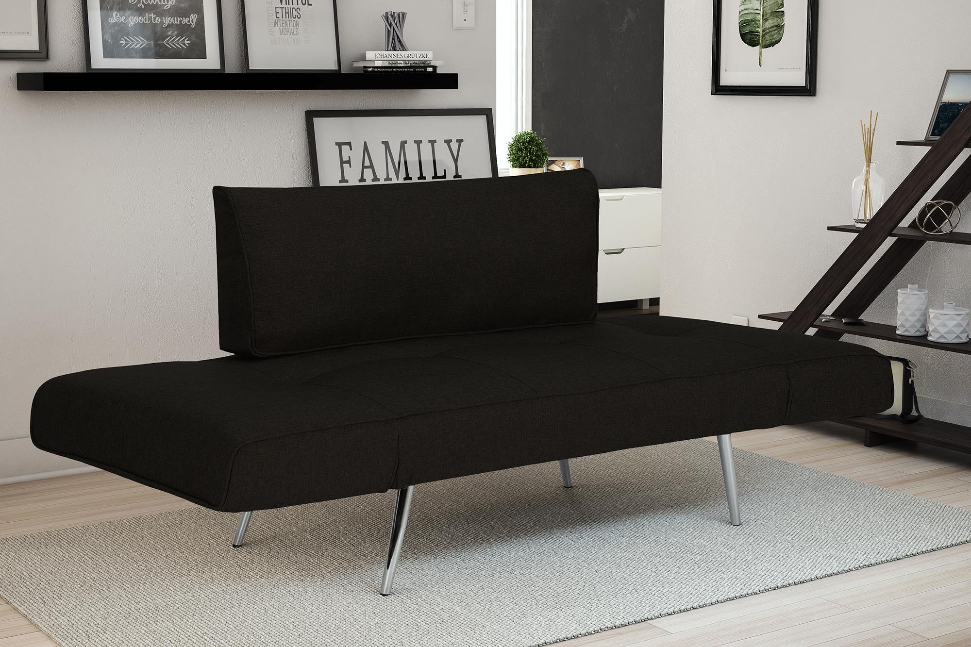 DHP Euro 60 Inch Futon Sofa Bed - Convertible Upholstered Couch Sleeper with Fold-Down Arms & Storage Pocket for Small Spaces, Black | Perfect for Studio Apartments, Guest Rooms & Home Offices