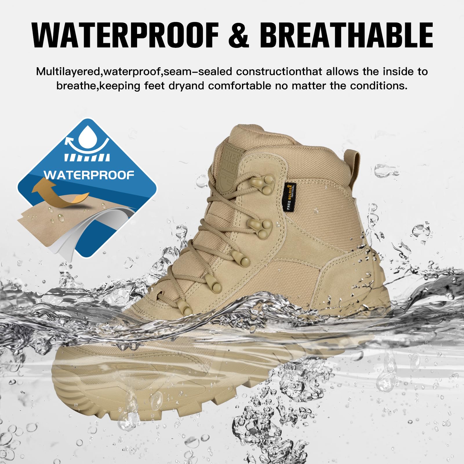 FREE SOLDIER Men's Waterproof Hiking Boots - Tactical Military Work Boots Lightweight Outdoor Shoes for Hiking, Camping & Hunting | Durable Non-Slip Comfortable Footwear