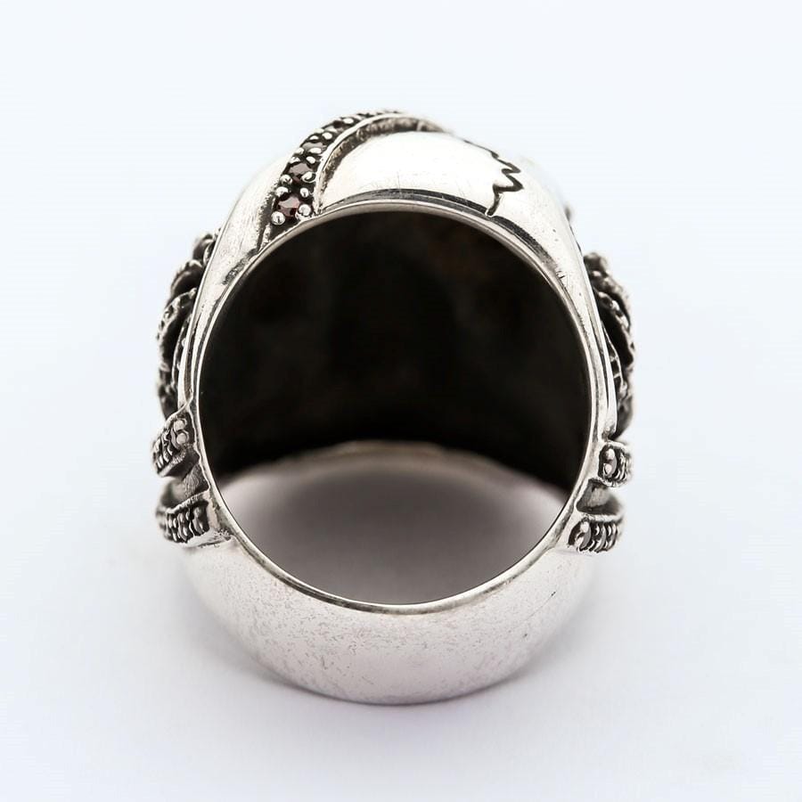 Sterling Silver Red Garnet Eye Crown Pirate Skull Ring for Men - Gothic Jewelry, Punk Accessory, Halloween Costume, Cosplay, Steampunk Fashion