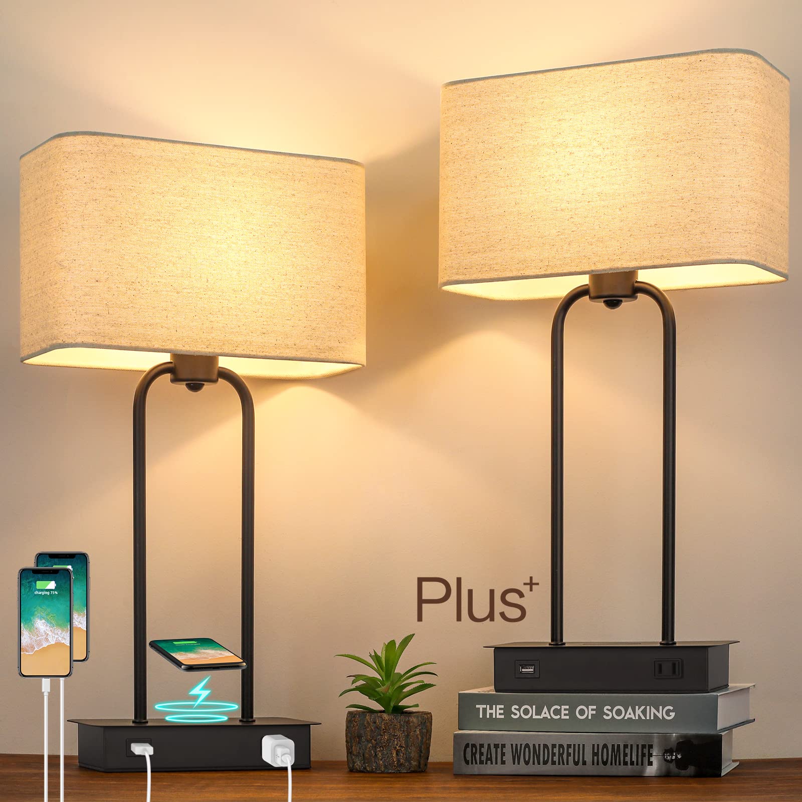 Wireless Charging Touch Control 3-Way Dimmable Table Lamp Set of 2 - Modern Black Nightstand Lamps with USB Port & AC Outlet for Bedroom, Living Room, Office - Includes LED Bulbs | Perfect for Reading, Working & Bedside Lighting
