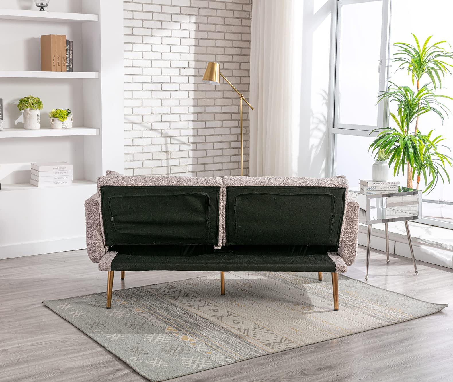 Antetek 3-Position Adjustable Futon Sofa Bed - Modern Upholstered Convertible Loveseat with 5 Metal Tapered Legs & 2 Decorative Pillows, Grey Teddy Fabric - Perfect for Small Spaces, Guest Rooms & Studio Apartments
