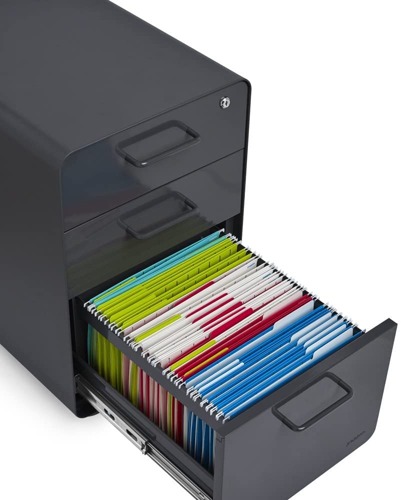 Poppin Stow 3-Drawer File Cabinet in Charcoal - 2 Utility Drawers & 1 Hanging File Drawer, Fully Painted Steel Cabinet with Keys Included for Office Organization & Home Office Storage