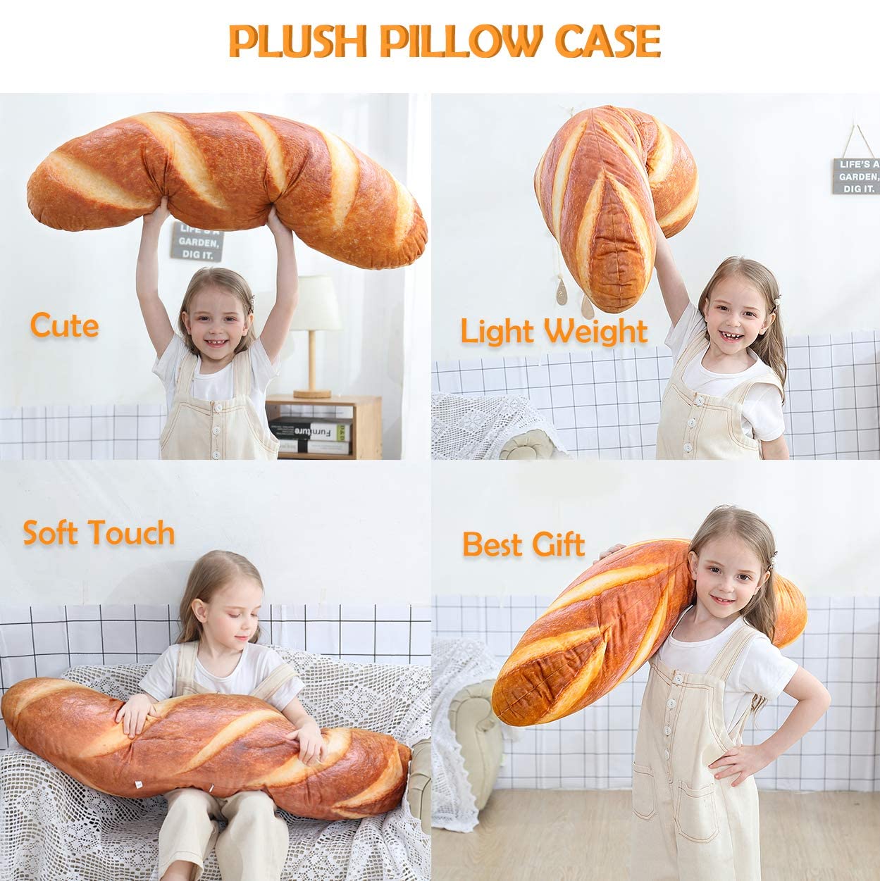 Wepop 32-inch 3D Simulation Bread Shaped Pillow - Soft Lumbar Support Cushion, Funny Baguette Plush Stuffed Toy for Home, Office & Car (Perfect Gift for Food Lovers)