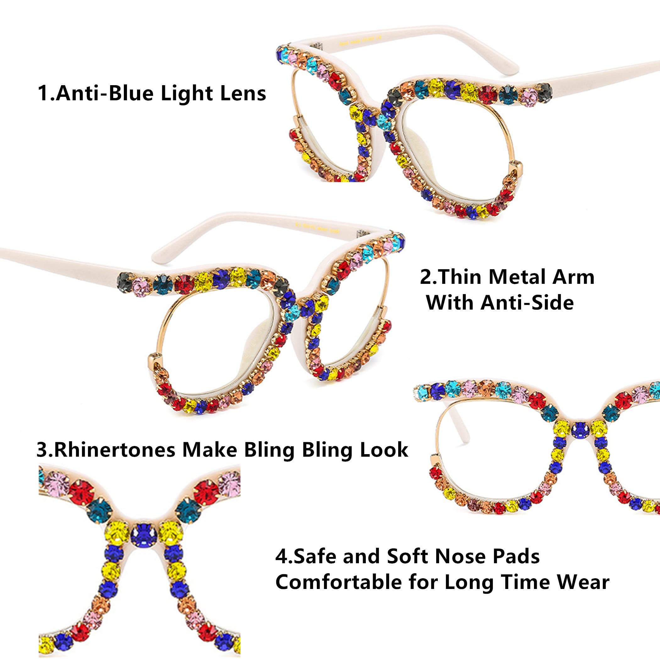 Vintage Fashion Women's Half-Rim Round Reading Glasses with Crystal Trim & Jeweled Frame - Costume Eyewear for Reading, Cosplay, and Retro Style Outfits