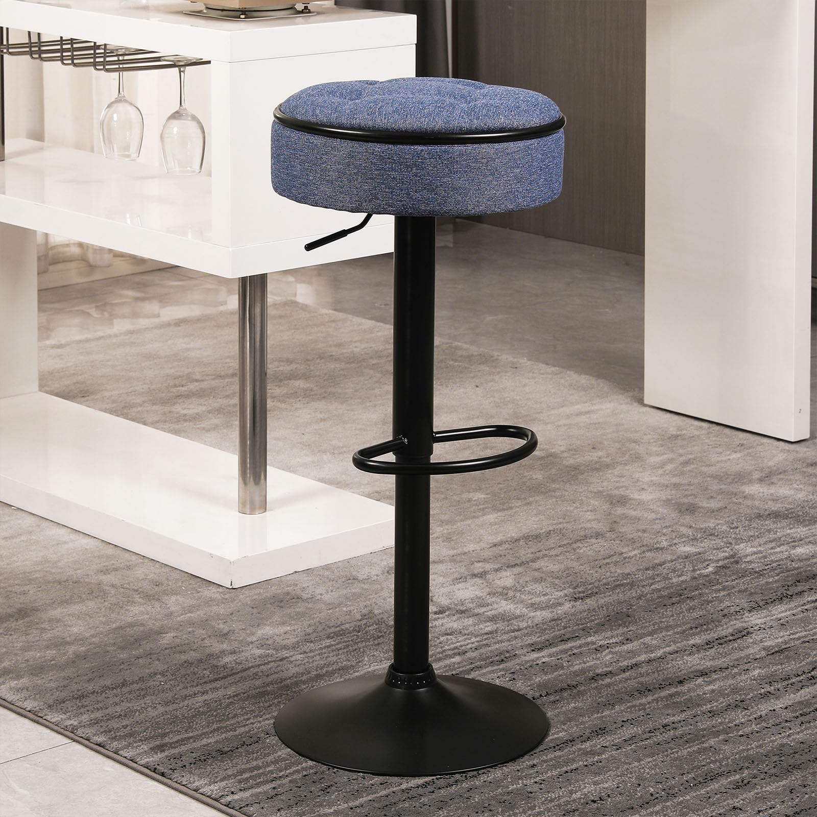 Fefances Swivel Round Airlift Bar Stool Set of 2 - Height Adjustable Armless Bar Chairs with Metal Frame for Kitchen, Dining Room, Pub & Cafe - Modern Linen Blue Stools for Home Decor & Commercial Use