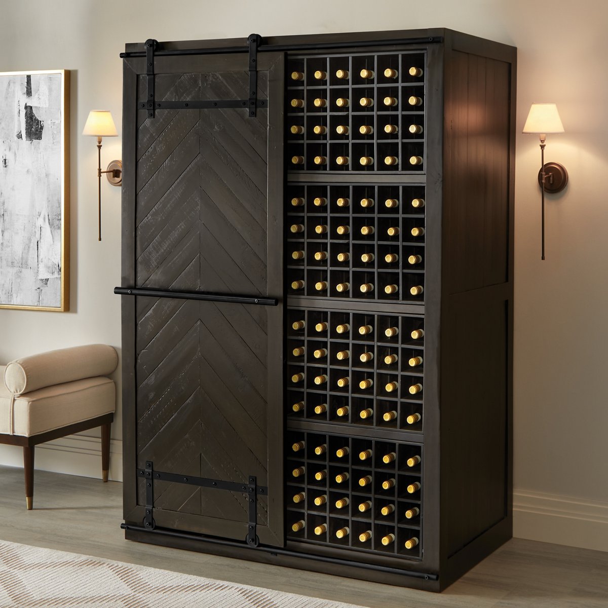 Rustic Black Sliding Barn Door Armoire - Solid Wood Wardrobe Closet with Mesa Design for Bedroom, Living Room & Entryway Storage