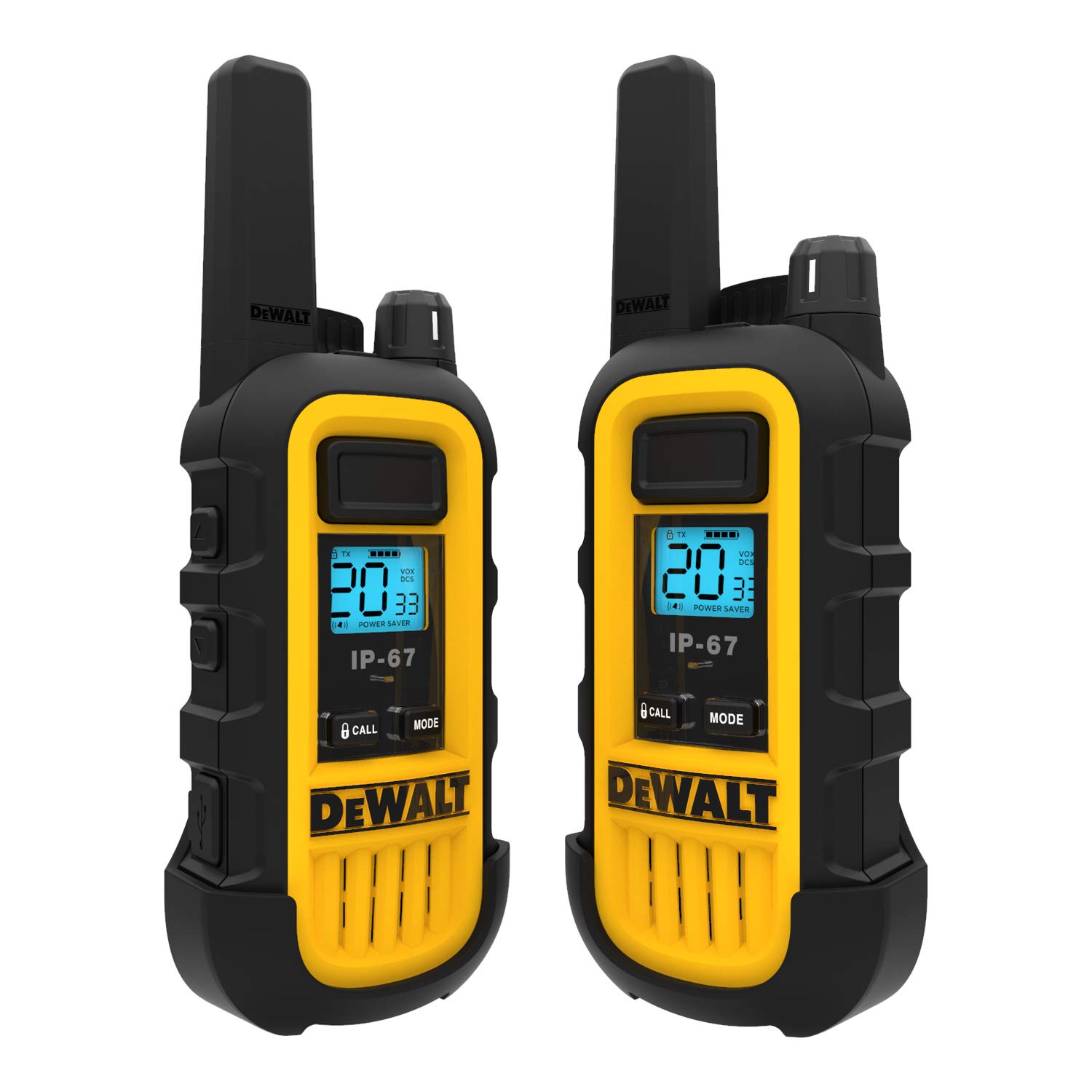 DEWALT DXFRS800 & DXFRS300 Heavy Duty Walkie Talkies (2nd Gen) - Waterproof, Shockproof, Long Range Rechargeable Two-Way Radios (2+2 Pack) for Construction, Warehouse & Outdoor Adventures