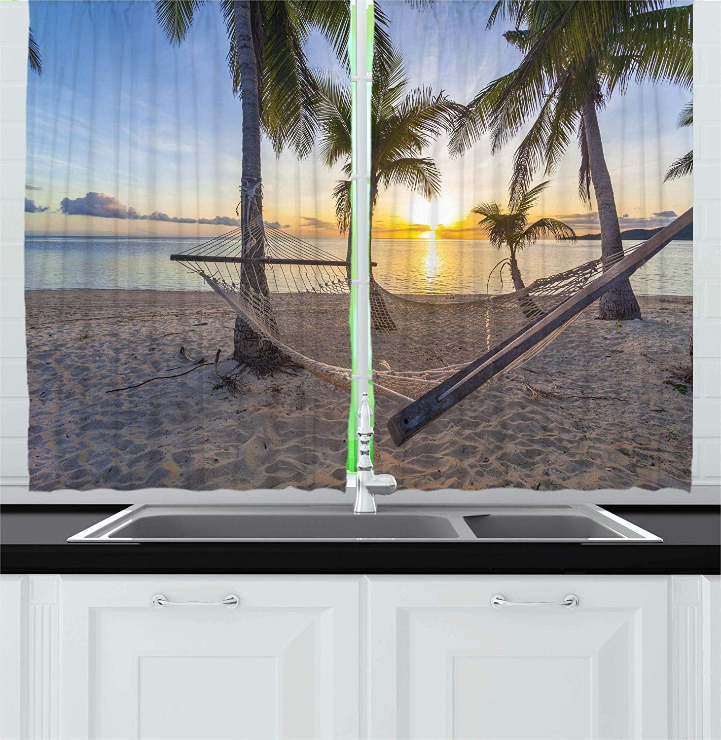 Tropical Beach Blackout Curtains 2 Panels - Coconut Palm Trees & Hammock Vacation Scenery, 54x39 Inch Room Darkening Window Drapes for Kitchen, Living Room & Bedroom - Perfect for Relaxation & Coastal Decor