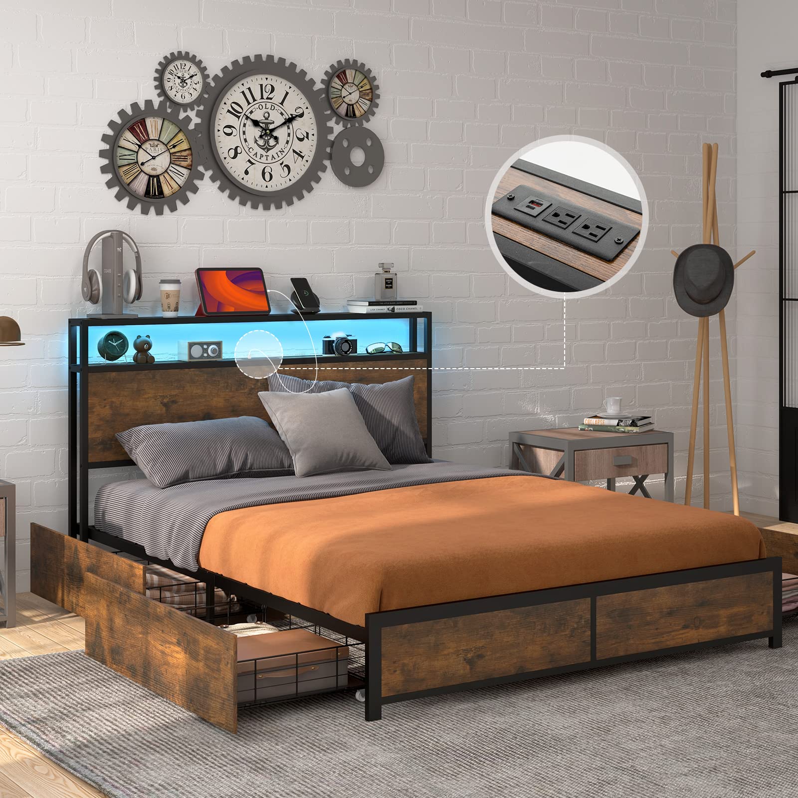 Giantex Full Size LED Bed Frame with USB Charging Station & Storage Drawers - Modern Metal Platform Bed with Outlet & Smart Headboard Lighting - Easy Assembly No Box Spring Needed - Perfect for Small Apartments & Smart Home Bedrooms