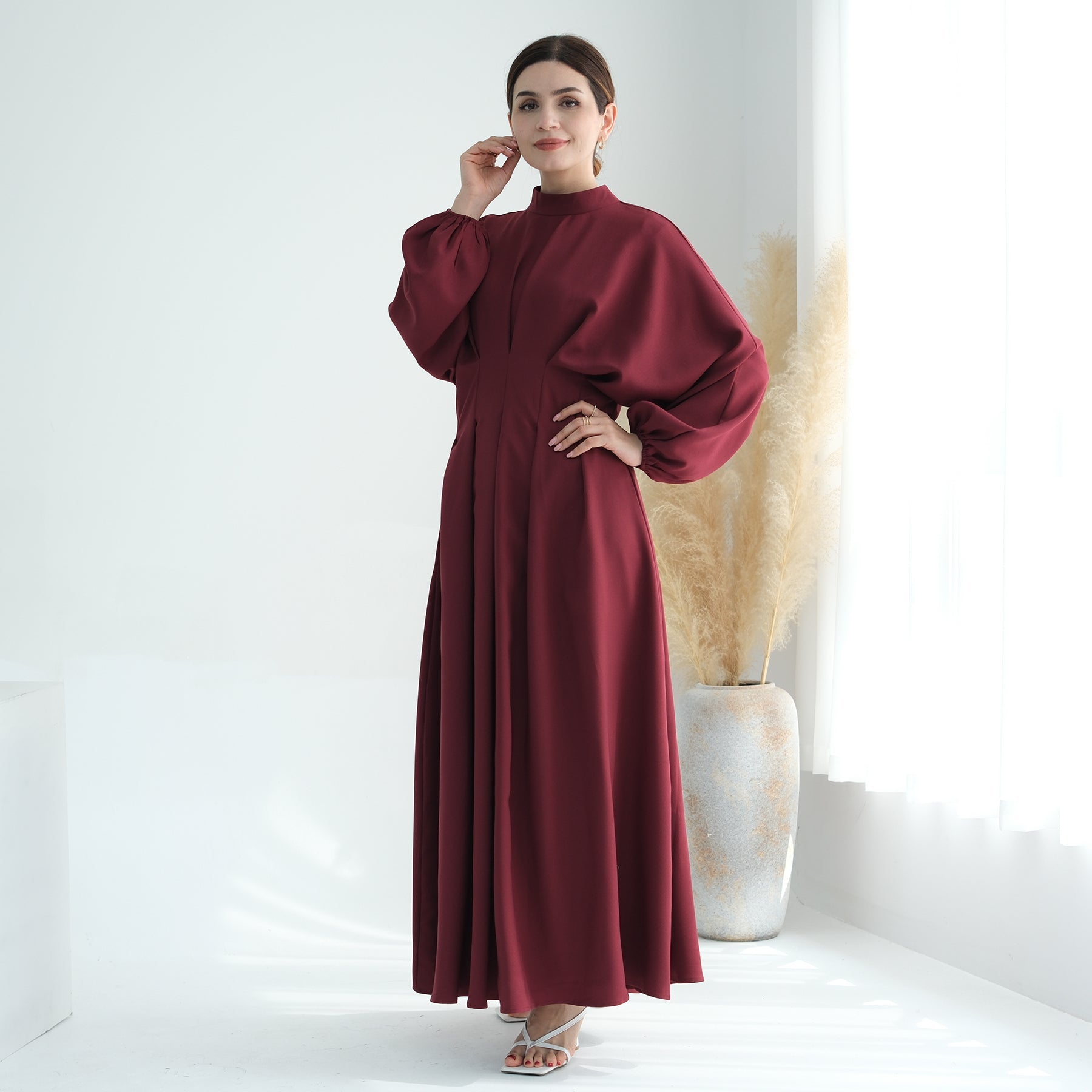 Madison Long Sleeve Maxi Dress for Women - Elegant Wine Red Flowy Formal Gown with Side Slits, Perfect for Weddings, Parties & Special Occasions