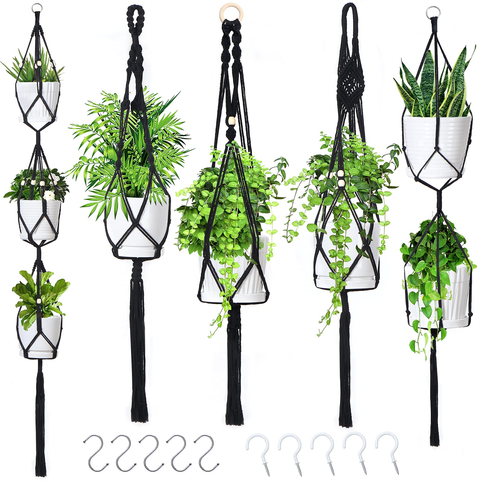 5-Pack Macrame Plant Hangers with 10 Hooks - Handmade Cotton Rope Hanging Planter Set for Indoor/Outdoor Boho Home Decor - Perfect for Living Rooms, Balconies, and Garden Plant Display (Black)