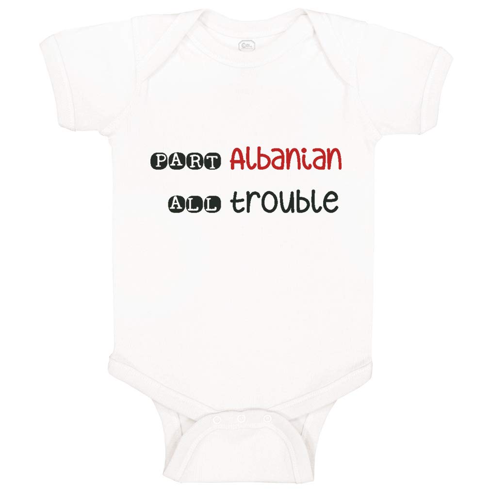 Custom Personalized Albanian Baby Bodysuit - Funny 'All Trouble' Cotton Onesie for Boys & Girls - White Design (12 Months) - Perfect for Birthdays, Holidays & Family Photos
