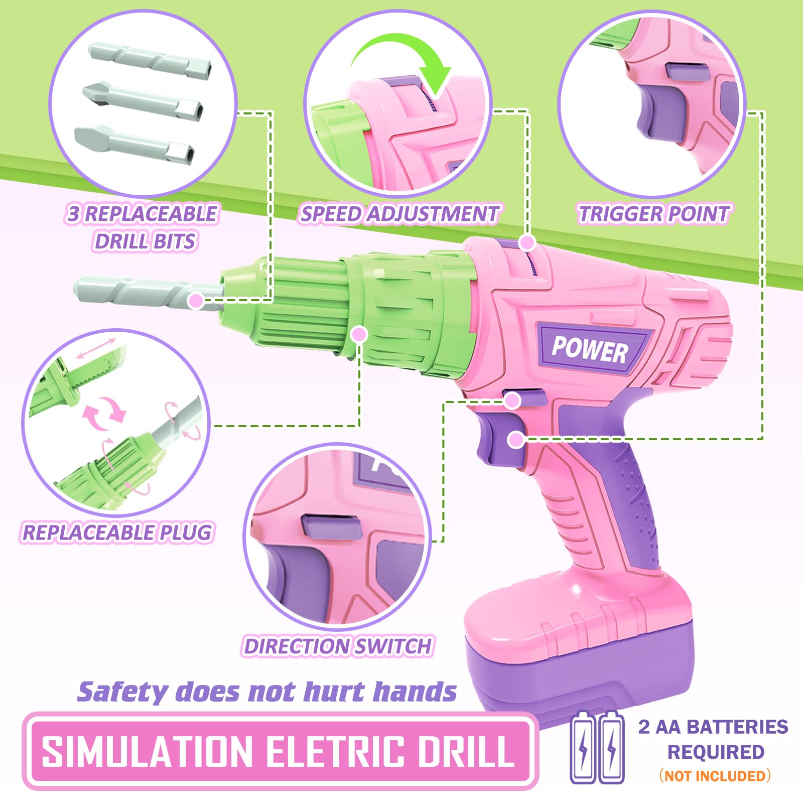 Pink Kids Tool Set for Girls - Toy Chainsaw, Electric Drill & Construction Accessories | STEM Learning Pretend Play Tool Kit for Toddlers Ages 3-7 | Birthday Gift & Indoor Outdoor Playtime Fun