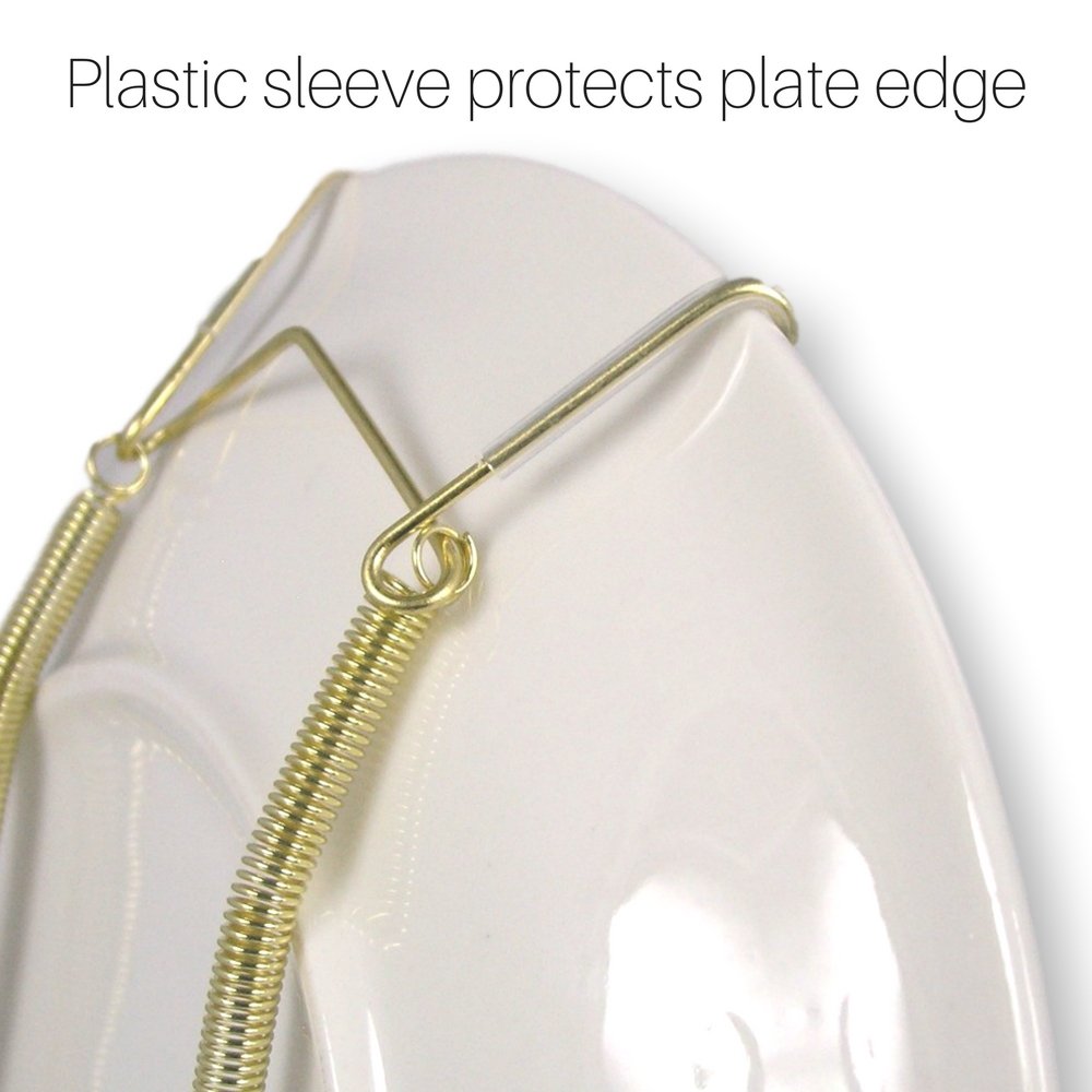 4-Pack Brass Vinyl Coated Plate Hangers (10-14 Inch) - Heavy Duty Wall Plate Display Hooks for Kitchen, Dining Room & Home Decor