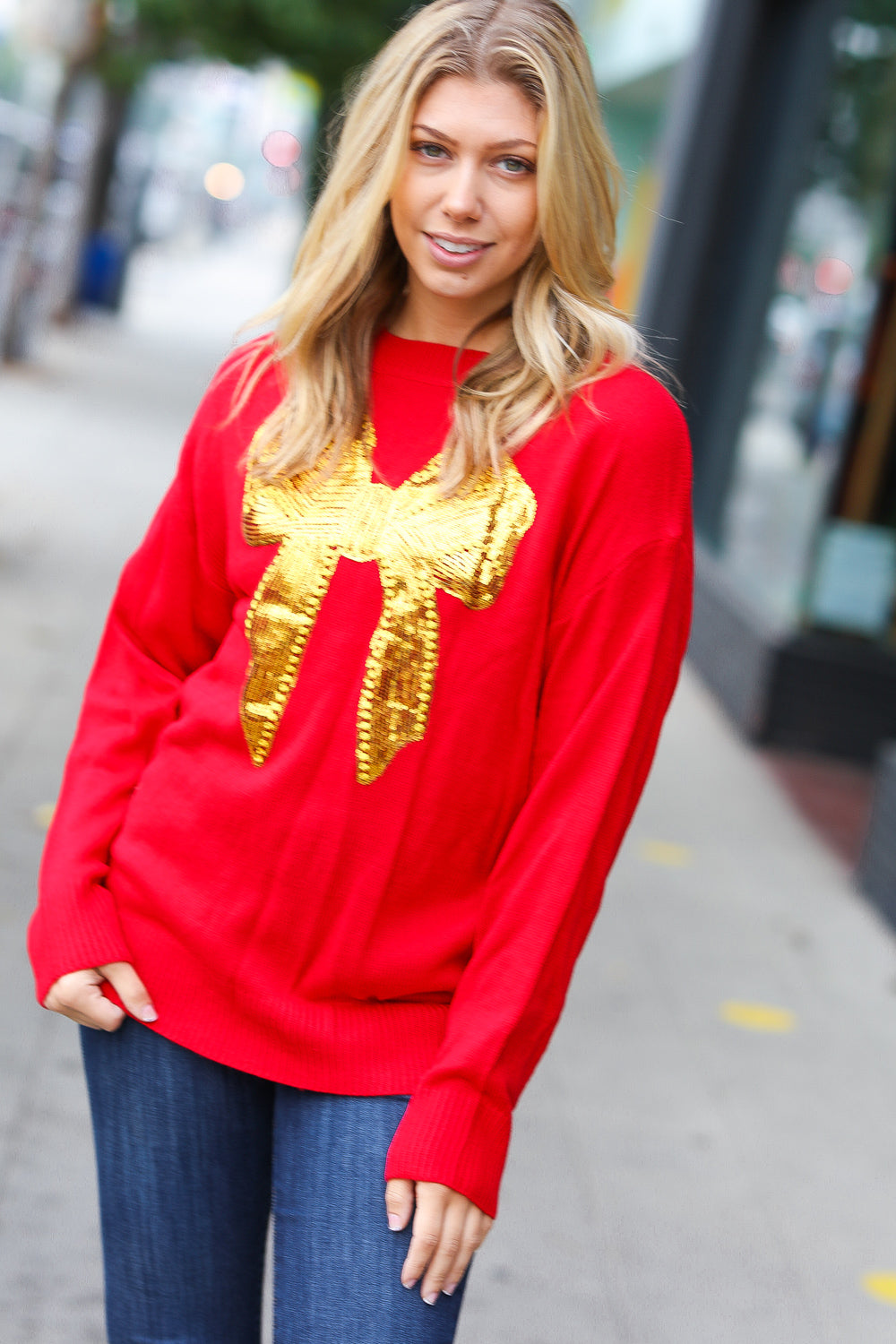 All I Want Red Sequin Bow Embroidery Knit Sweater | Women's Christmas Party Holiday Pullover | Perfect for Festive Gatherings & Winter Celebrations