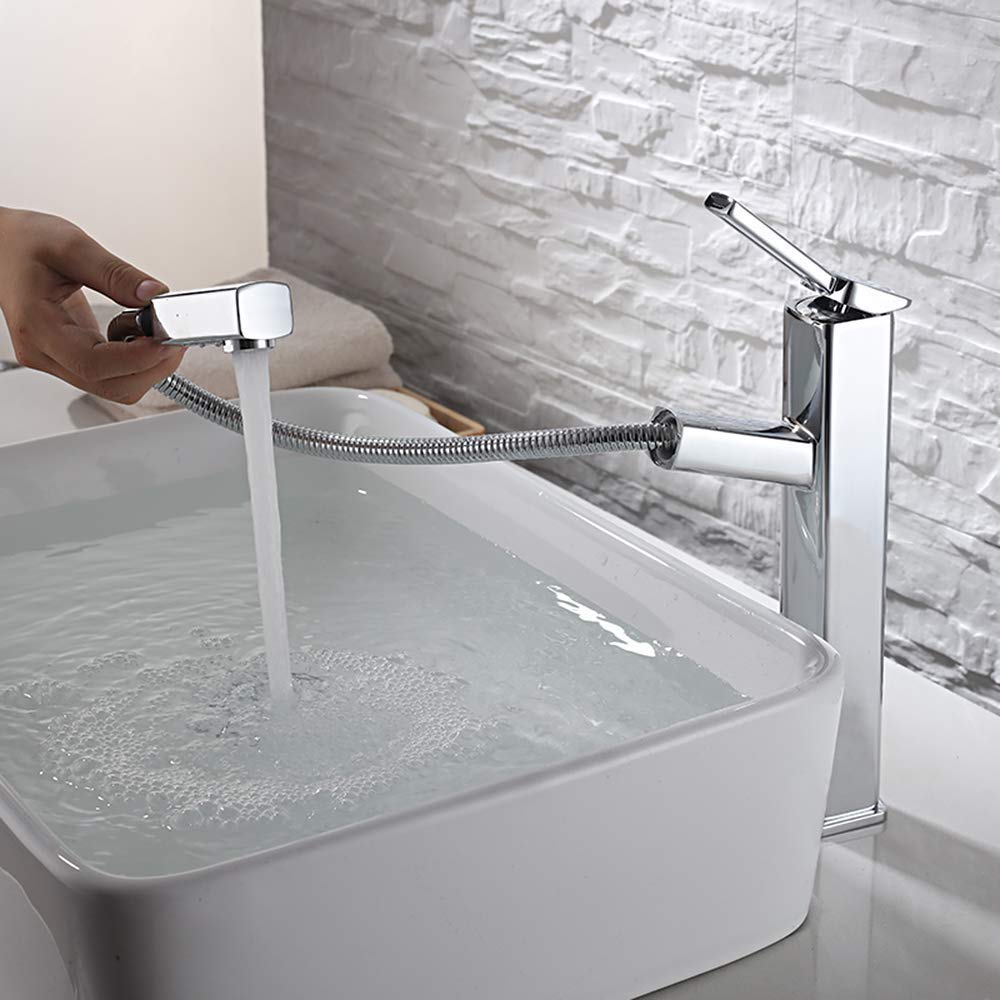 KAIYING Pull Down Vessel Sink Faucet - Single Hole Bathroom Basin Faucet with Pull Out Sprayer & Rotating Spout - Tall Chrome Lavatory Mixer Tap for Modern Vanity & Utility Sink - Perfect for Home, Hotel, and Commercial Bathroom Renovations