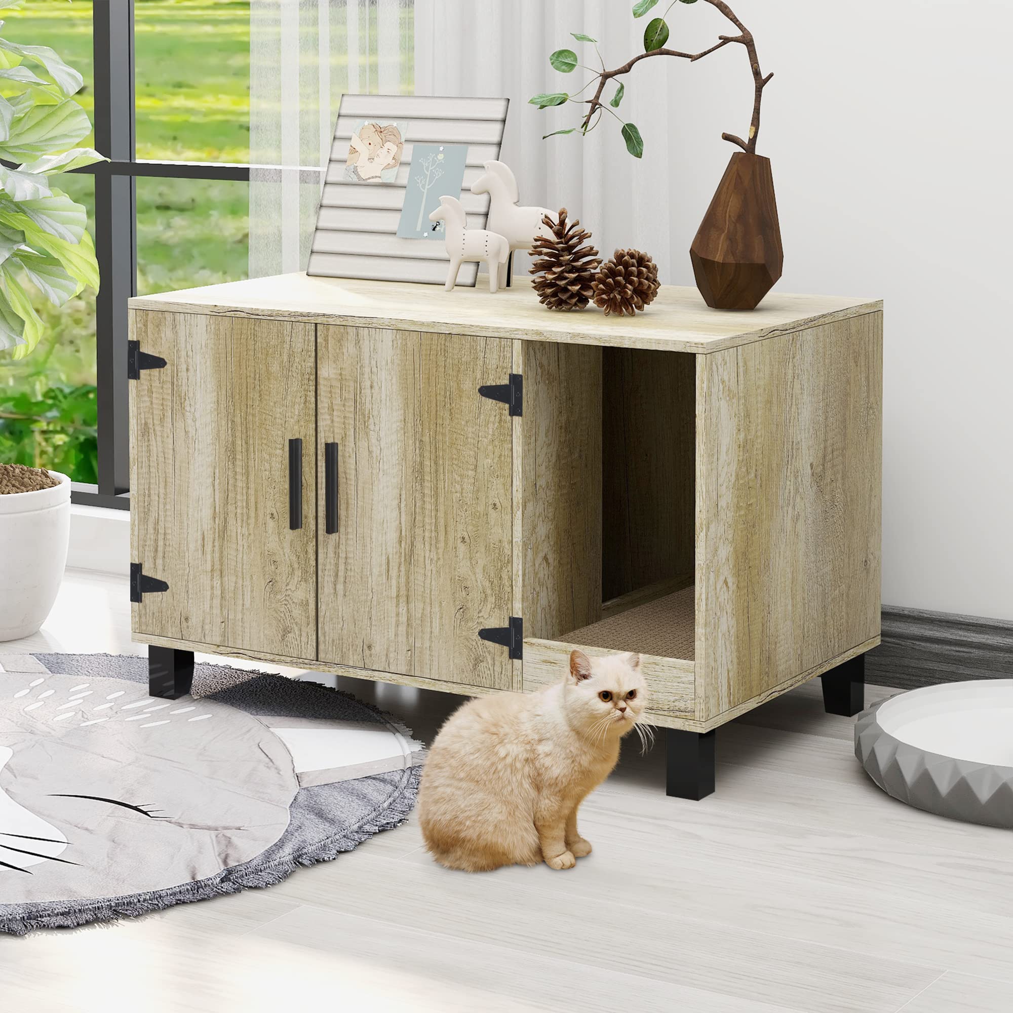 TaoHFE Wooden Cat Litter Box Enclosure Furniture - Hidden Litter Box Cabinet with Scratch Pad, Farmhouse Style, Oak Finish - Perfect for Home Decor & Pet Privacy
