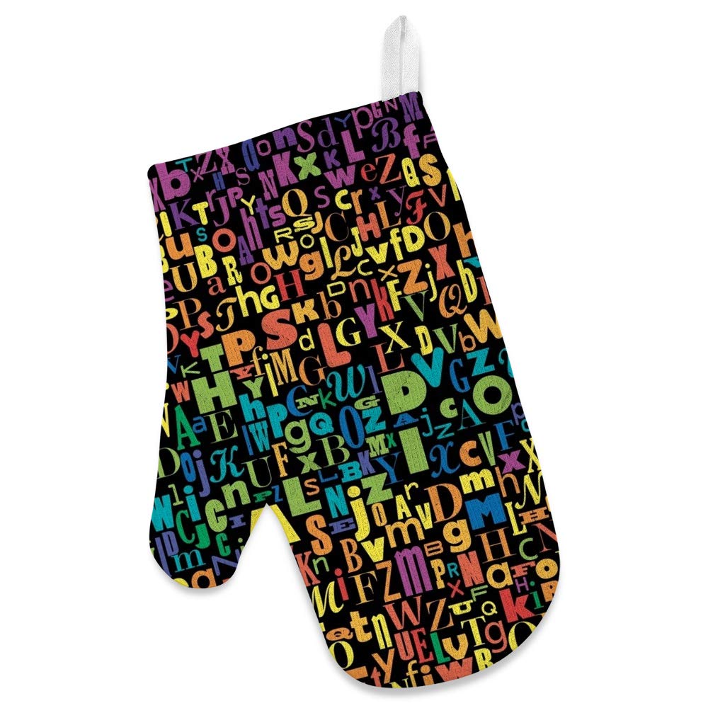Colorful Alphabet Letter Apron with Glove, Oven Mitt & Pot Holder Set - Kitchen Cooking, Baking & BBQ Accessories for Adults & Home Chefs