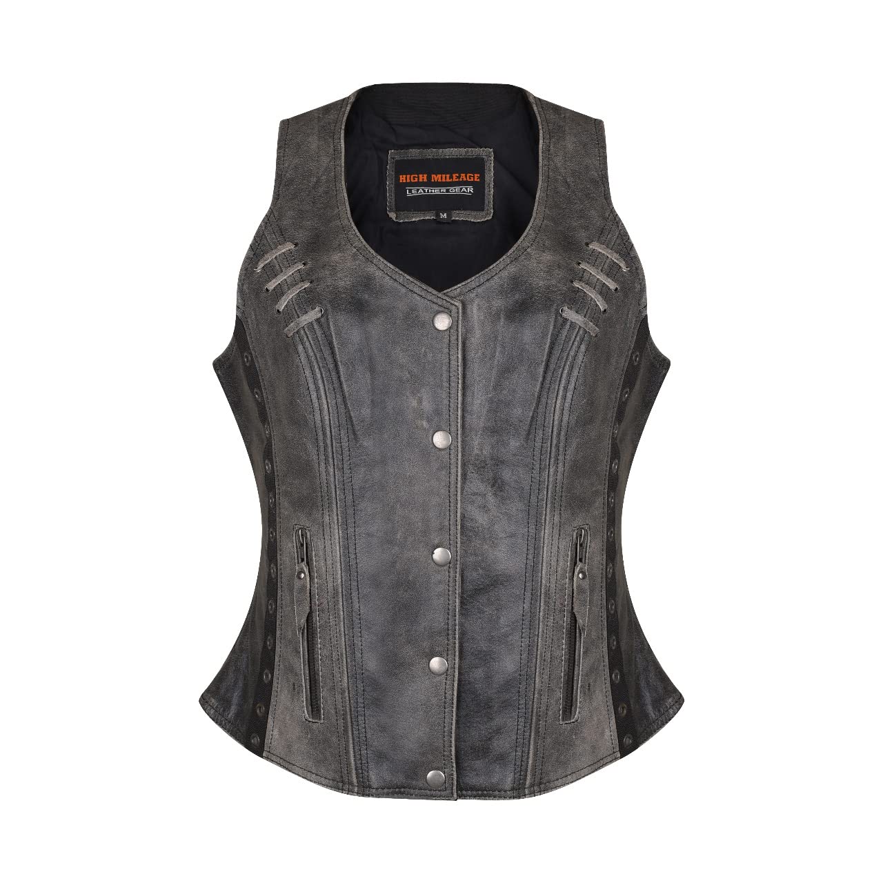 Women's Lightweight Distressed Gray Leather Vest with Grommet Details, Twill & Lace Accents - Stylish Layering Piece for Fall Fashion, Biker Outfits & Casual Wear