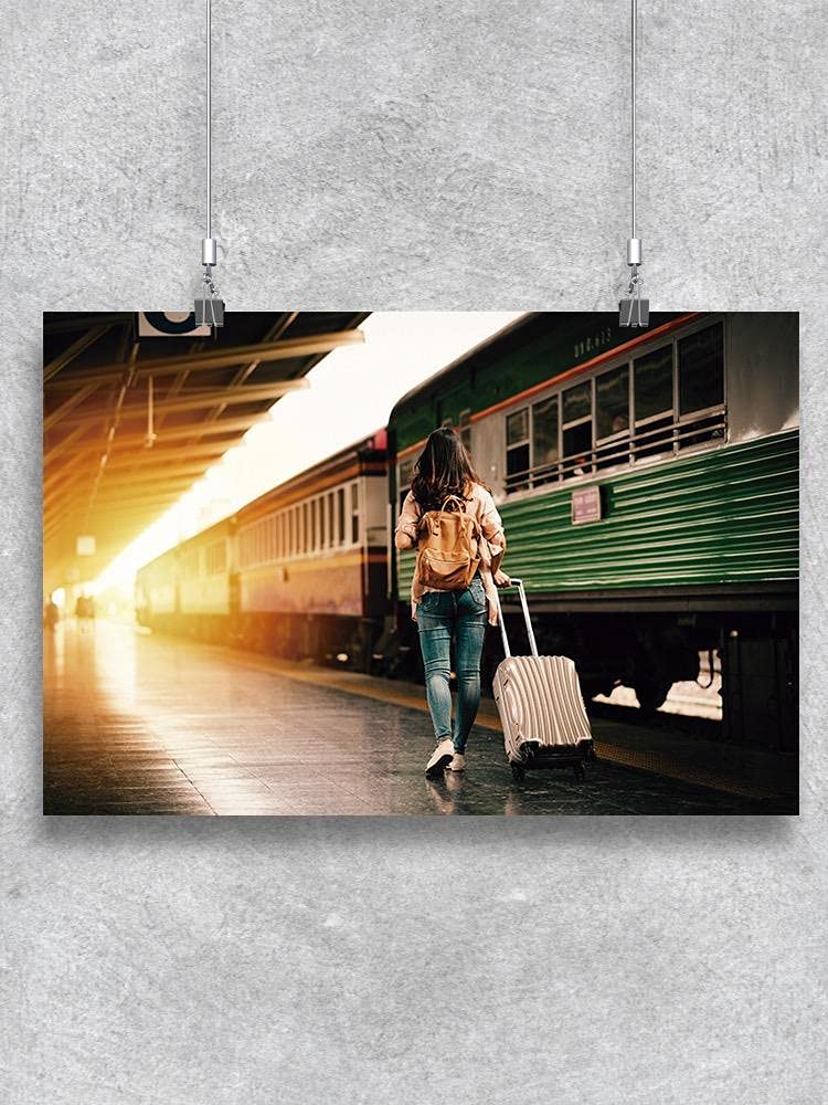Vintage Woman Walking at Train Station Art Print - Retro Travel Poster for Home & Office Decor - Perfect for Living Room, Bedroom, or Office Wall