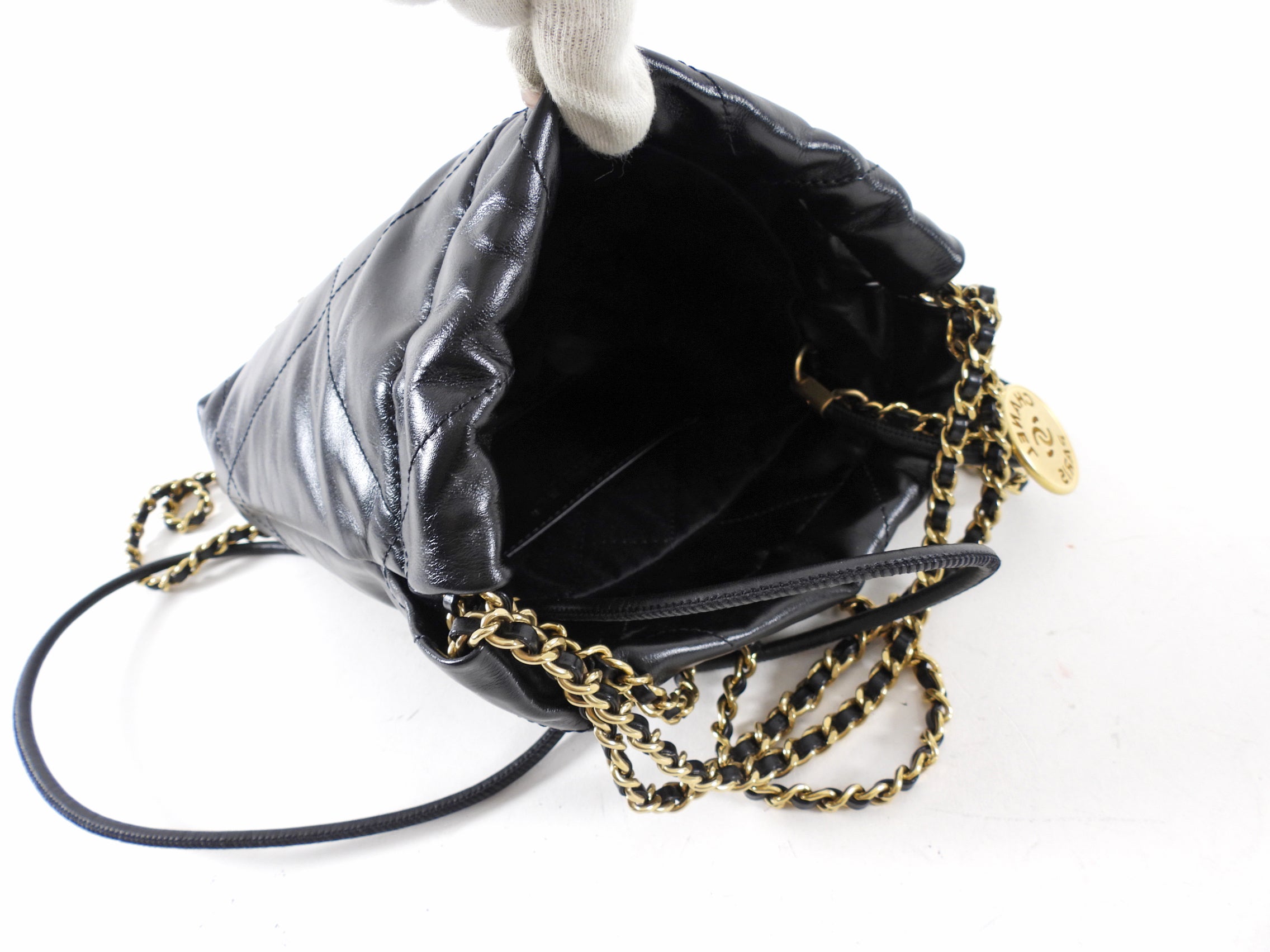 Chanel 2023 Black Leather Chain 22 Mini Bag with Ivory Enamel Logo - Luxury Designer Handbag for Women, Perfect for Evening Parties & Date Nights