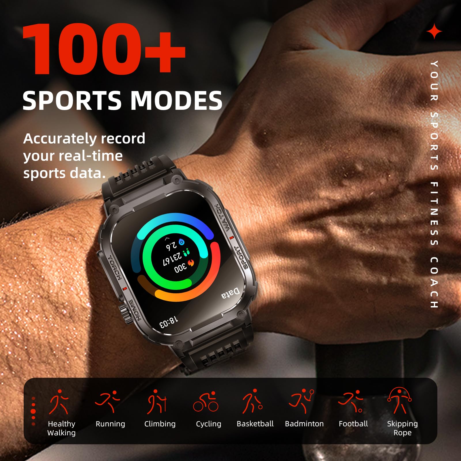 Military Smart Watch - Fitness Tracker with LED Flashlight & Waterproof for iPhone/Android - Outdoor Sports & Daily Use