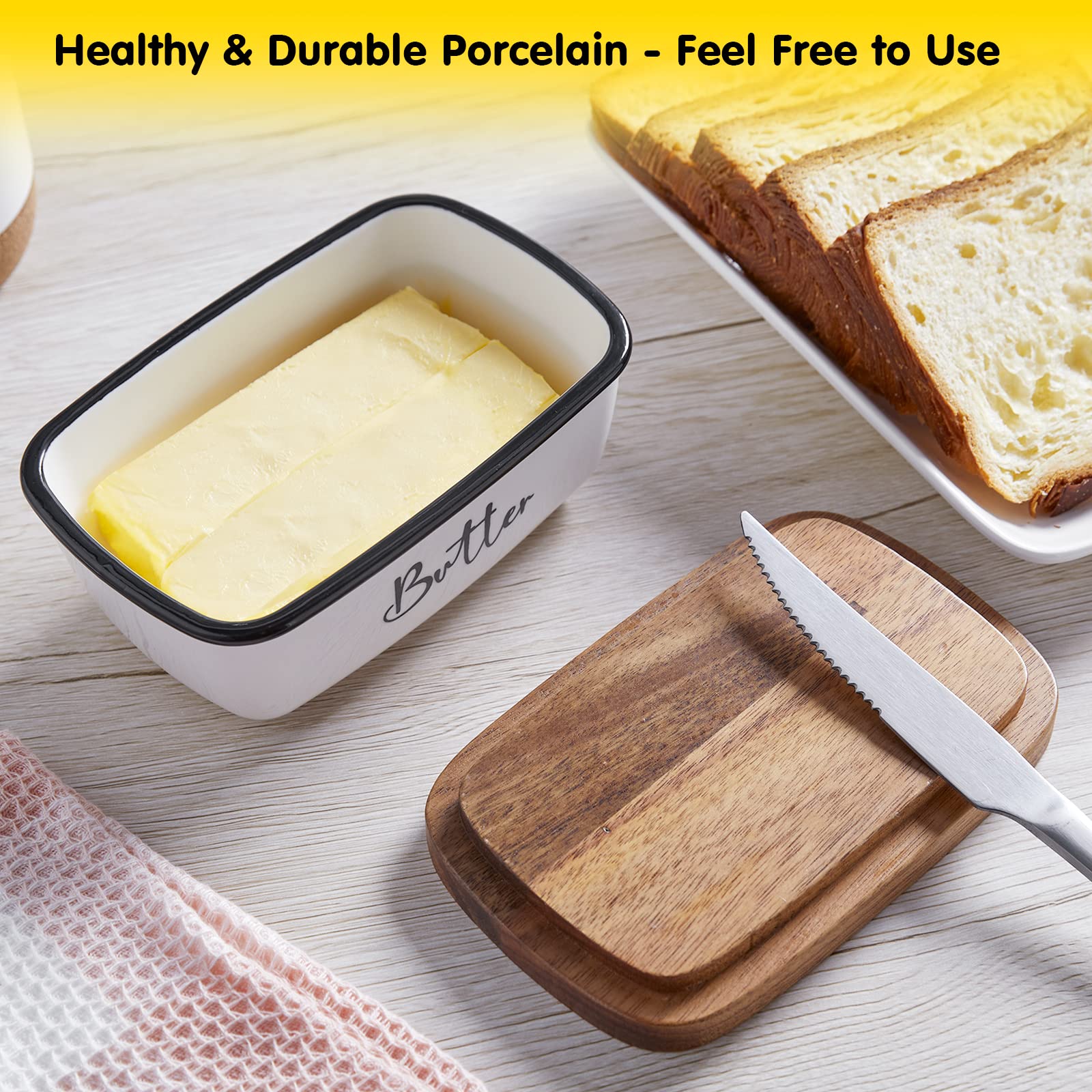 ALELION Large Ceramic Butter Dish with Acacia Wood Lid - Airtight Butter Keeper for Countertop Storage | Elegant White Kitchen Decor | Perfect Housewarming & Wedding Gift for Baking Enthusiasts (Ideal for Restaurants, Breakfast Tables & Holiday Gatherings)