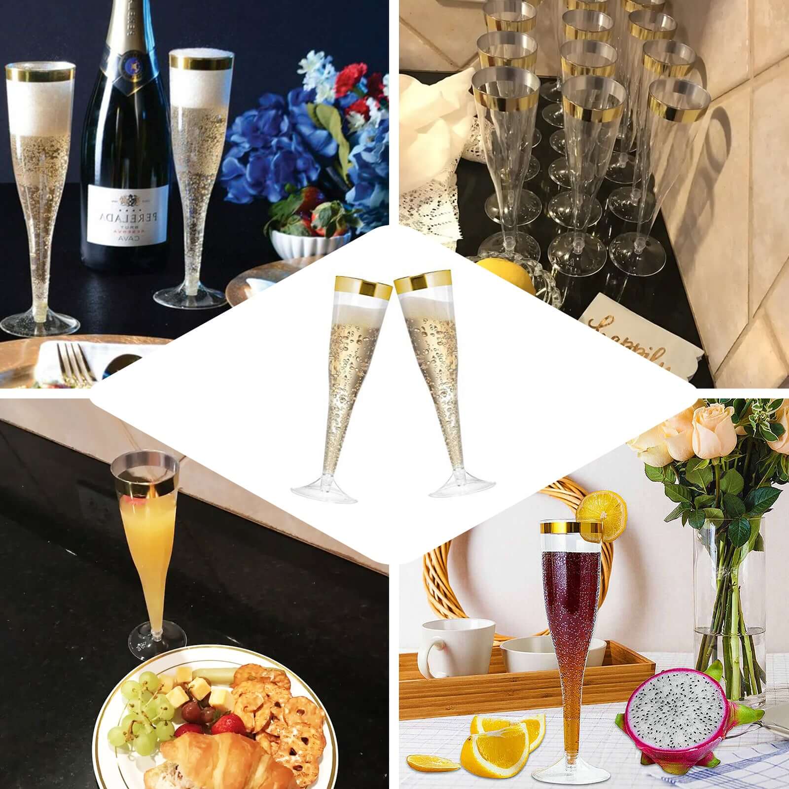 12 Pack Clear/Gold Plastic Champagne Flutes - 6oz Disposable Hollow Stem Glasses with Detachable Base for Weddings, Parties & Celebrations - Elegant Toast Cups for Bridal Showers, Anniversaries & New Year's Eve