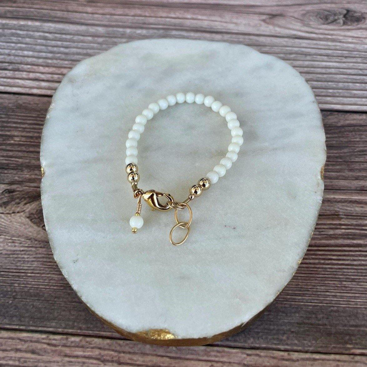 14K Gold Filled Bracelet for Women - Elegant Ivory Beaded Stretch Bangle - Perfect for Weddings, Parties & Everyday Wear