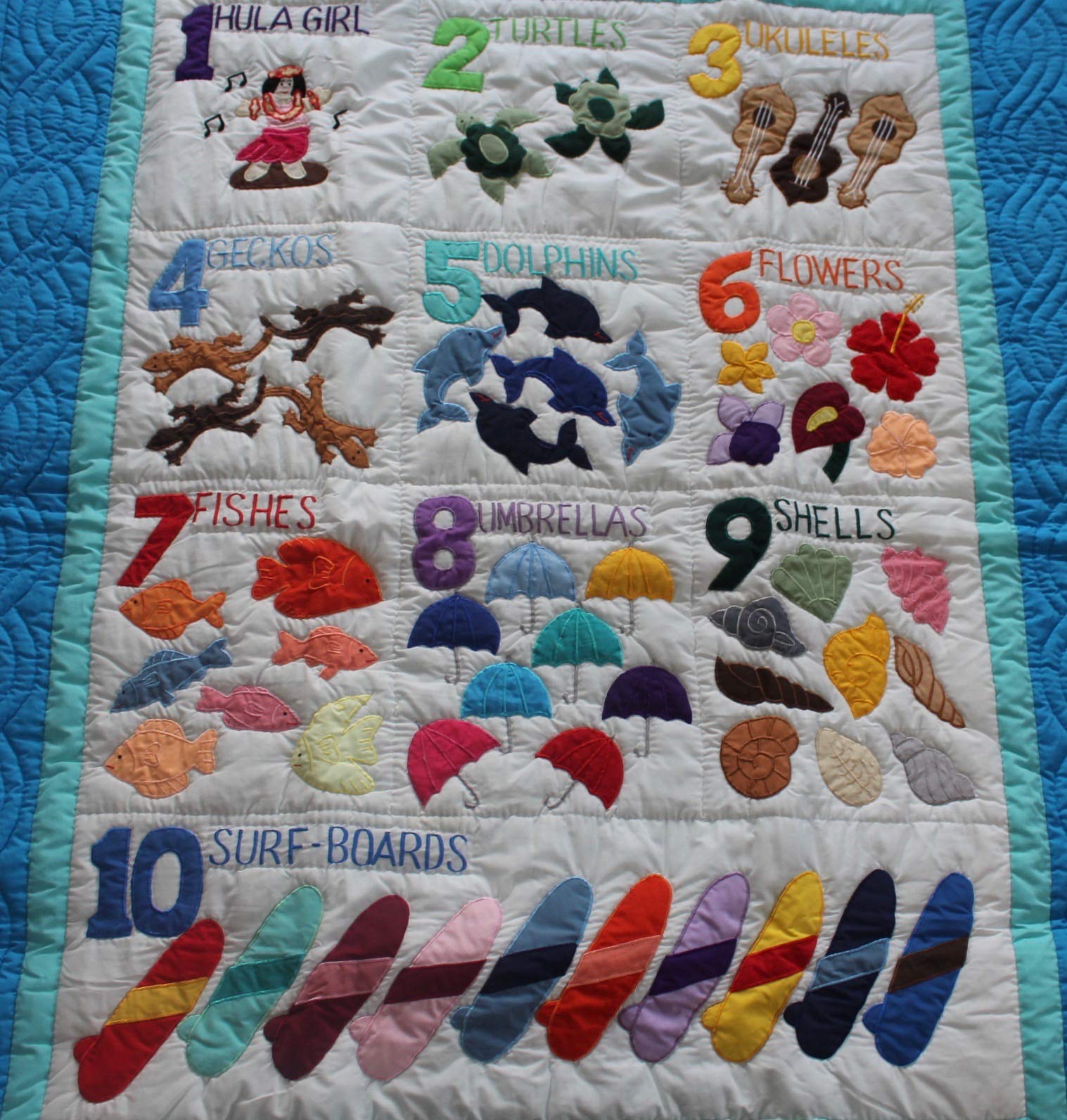 Hawaiian Style Numbers Crib Baby Comforter Blanket - Hand Quilted & Machine Embroidered Nursery Wall Hanging for Boys & Girls - Perfect for Baby Showers, Nursery Decor, and Newborn Gifts