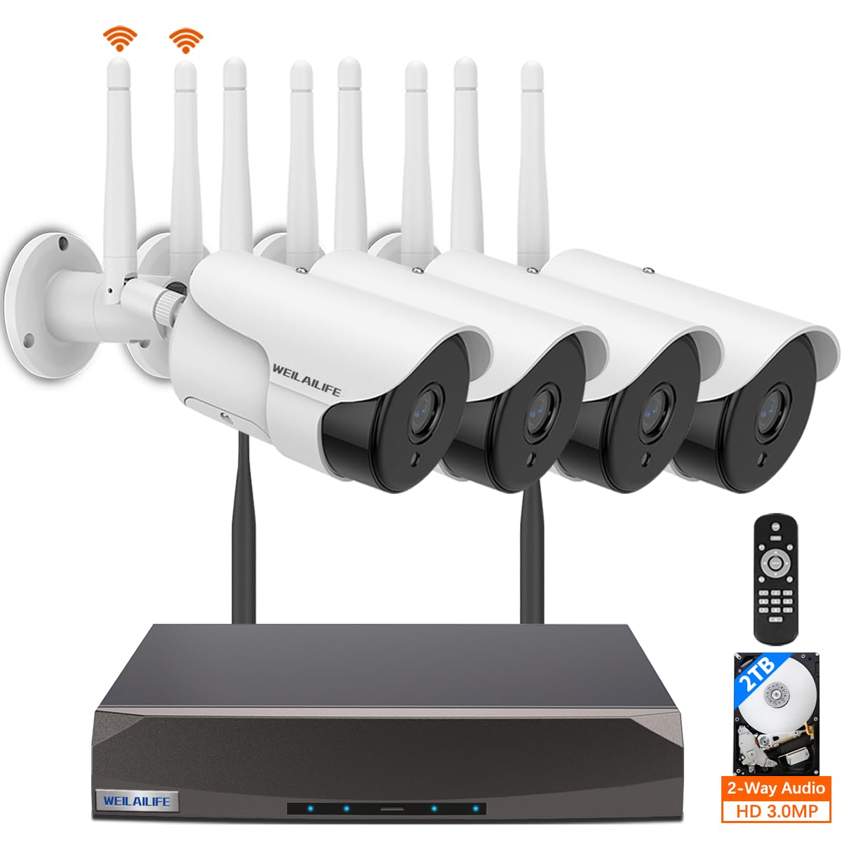 2-Way Audio & Dual Antenna Enhanced 90ft Night Vision Outdoor Wireless Security Camera System - WiFi Video Surveillance for Home Security - Perfect for Monitoring Backyard, Garage, and Front Door (Weatherproof & Motion Detection)