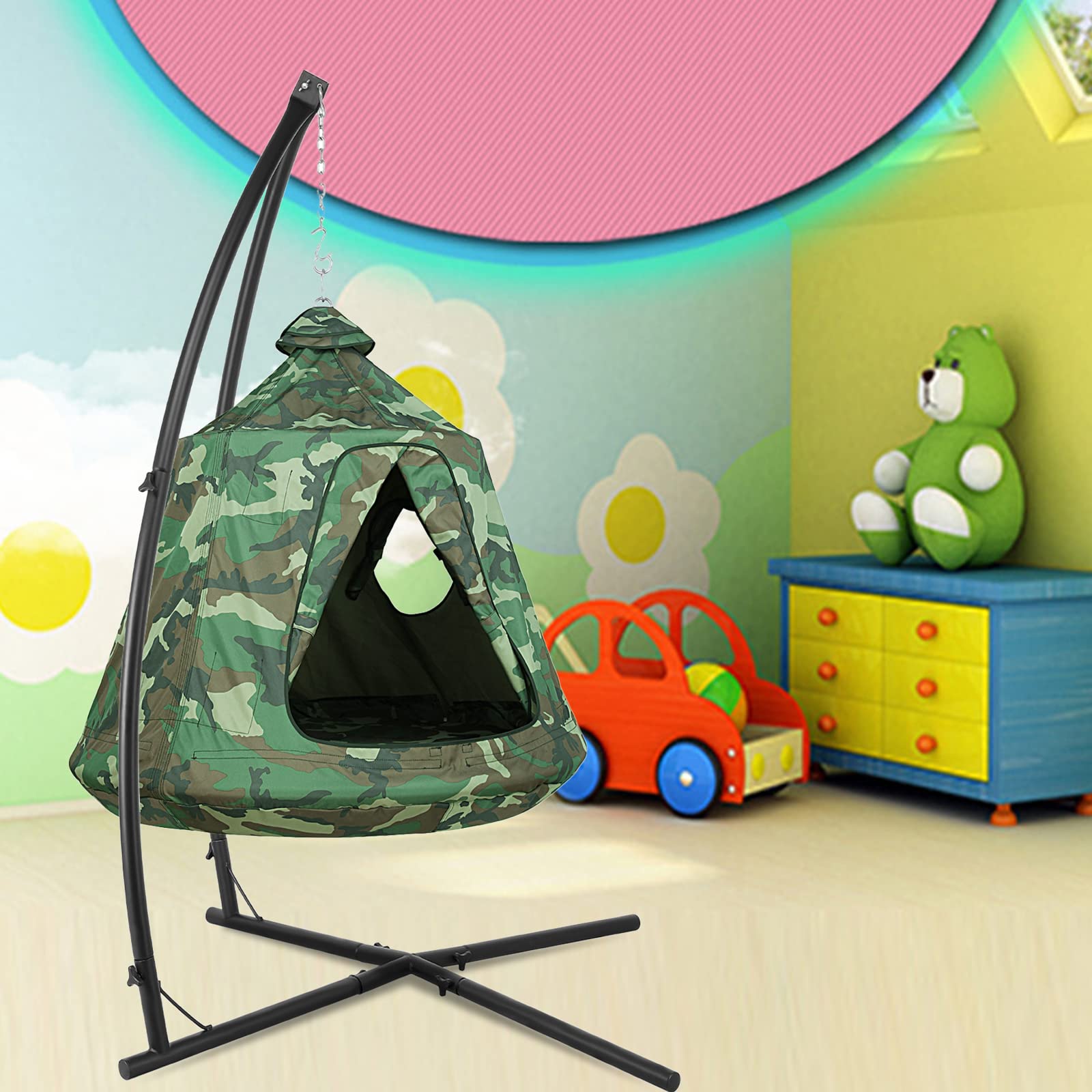 X-Shaped Hanging Tree Tent with Swing Chair & Canopy - 330lb Capacity Steel Frame Hammock for Indoor/Outdoor Use - Perfect for Bedroom, Porch, Balcony & Garden Relaxation (Camouflage Pattern)