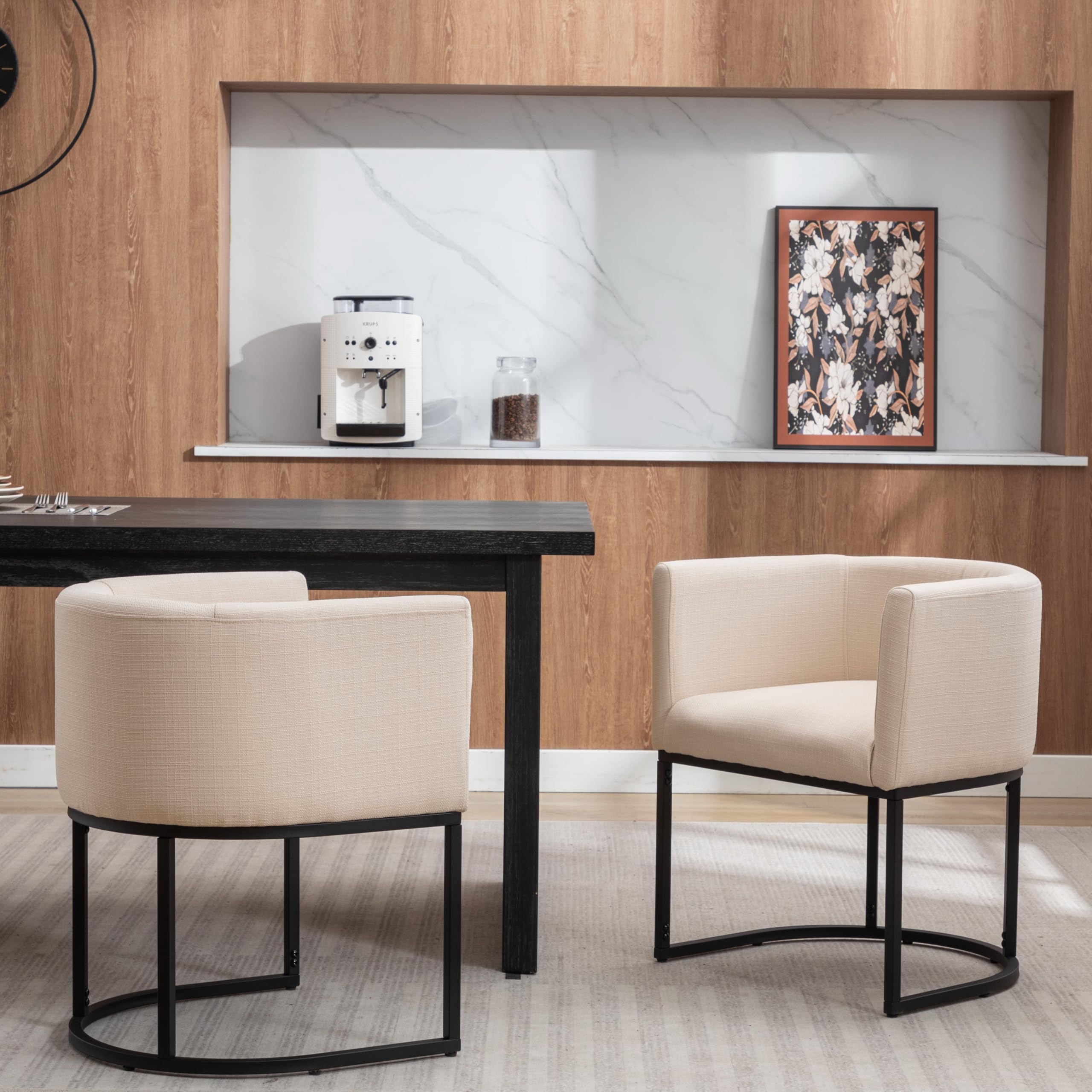 Mid Century Modern Dining Chairs - Linen Upholstered Armchairs with Wooden Back & Black Legs - Accent Side Chairs for Kitchen, Living Room & Dining Room - Cream Fabric - Perfect for Entertaining & Home Decor