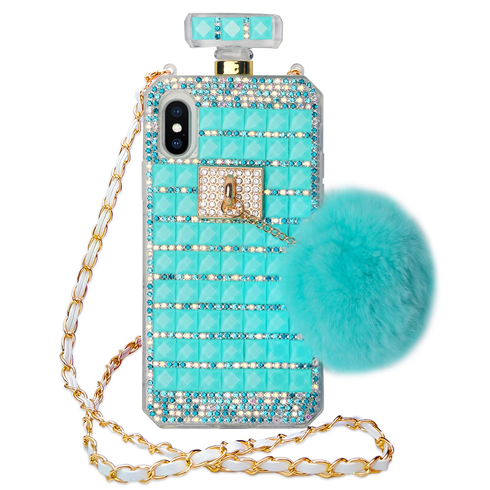 Luxury Bling Diamond Rhinestone Bow Perfume Bottle Phone Case for Samsung Galaxy S10 Plus - Glitter Gemstone TPU Cover with Furry Plush Ball & Lanyard - Perfect for Parties, Gifts, and Fashion Accessories