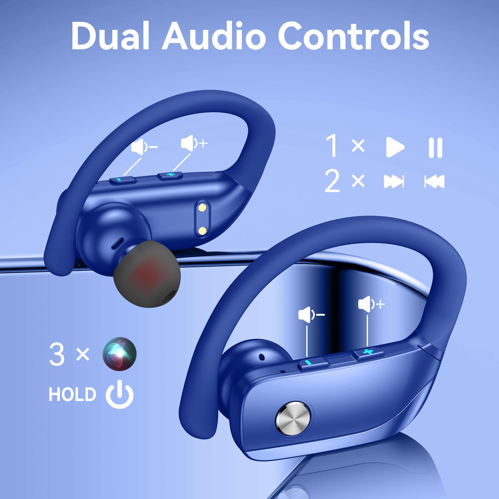 bmani Wireless Bluetooth Earbuds with LED Display - 48H Playtime, Built-in Mic, Secure Earhooks for Sports & Workouts - Sweatproof Over-Ear Headphones for Running, Gym & Outdoor Activities (Blue)