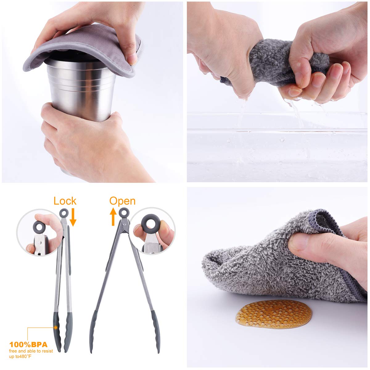 Heat Resistant Oven Mitts and Pot Holders Set with Kitchen Towel & Cooking Tongs - 500°F Non-Slip Silicone Surface for Baking, BBQ, Grilling - 6-Piece Kitchen Accessories (Grey) - Perfect for Home Cooking, Outdoor Camping & Holiday Gift Giving