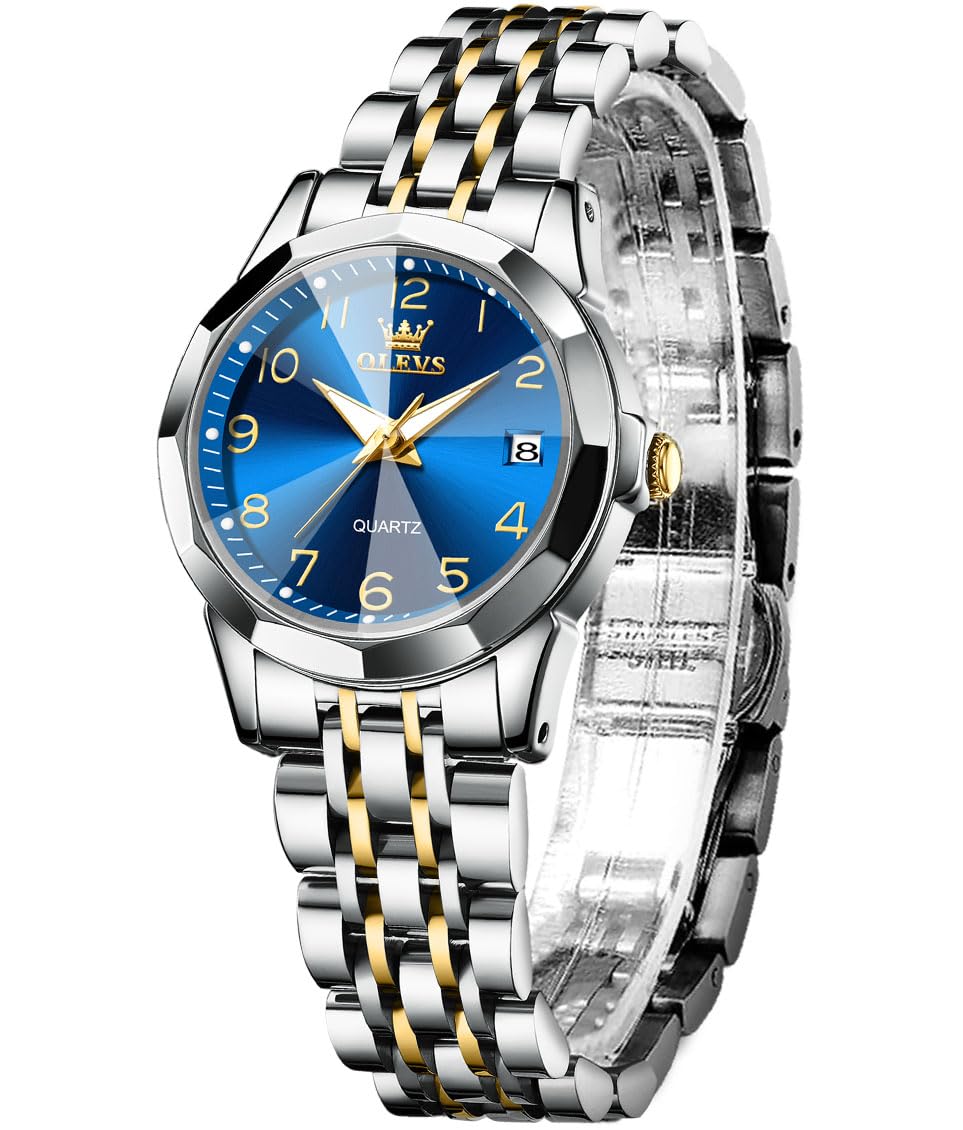 OLEVS Women's Diamond Watch - Silver Gold Two Tone, Waterproof, for Work & Party