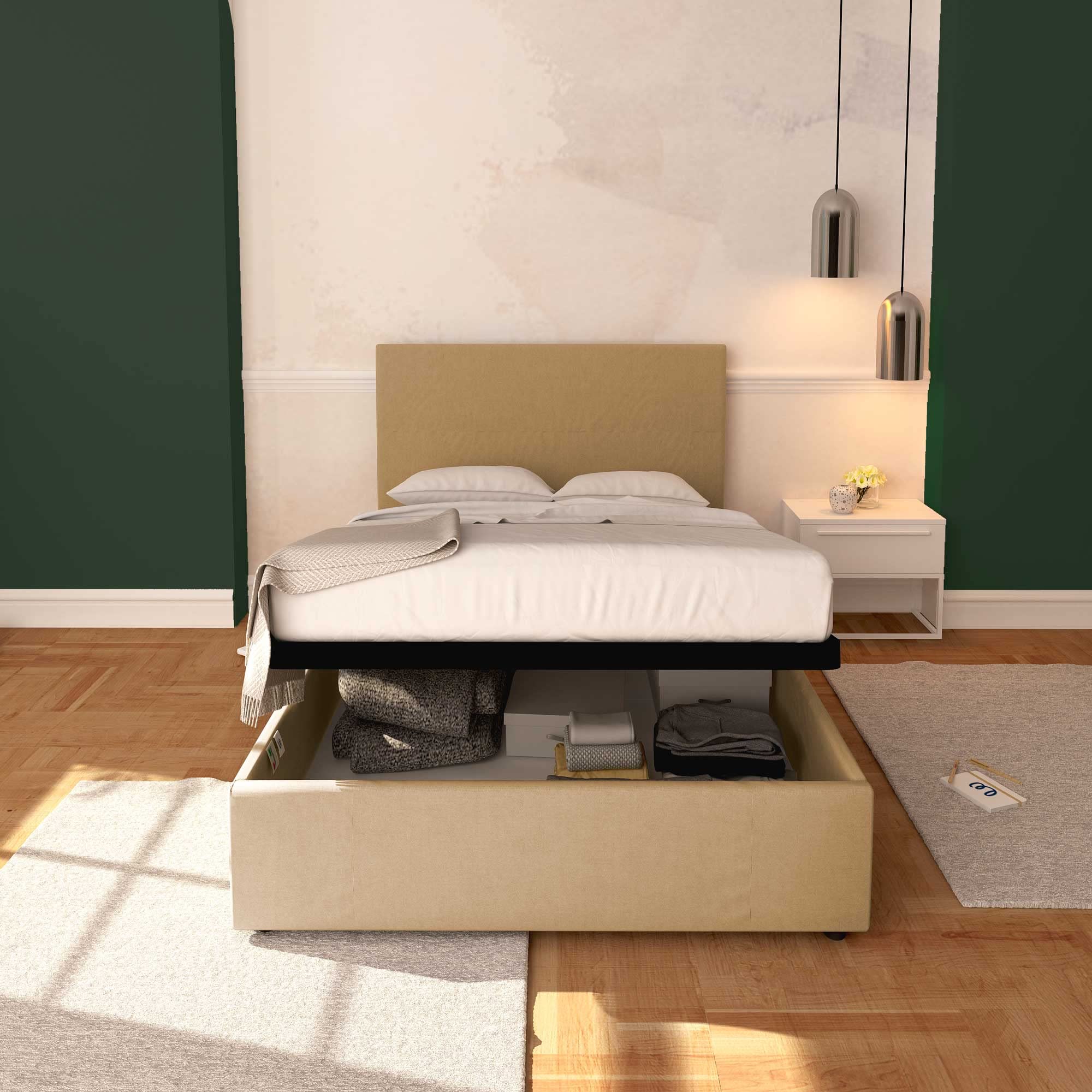 Baldiflex Twin Size Half Body Bed with Storage, Rossano Fabric Model, Slatted Base for Single Mattresses, 120x200cm, Elegant Camel Headboard - Perfect for Small Bedrooms, Guest Rooms & Studio Apartments