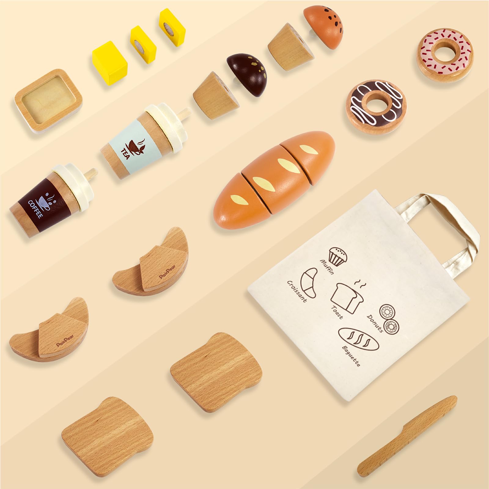 Wooden Bakery Toy Food Playset for Kids - Pretend Play Kitchen Accessories with Shopping Bag, Cutting Food Toys for Toddlers - Perfect Gift for Boys & Girls Ages 3+ | Great for Role Play, Birthday Parties & Early Learning Development