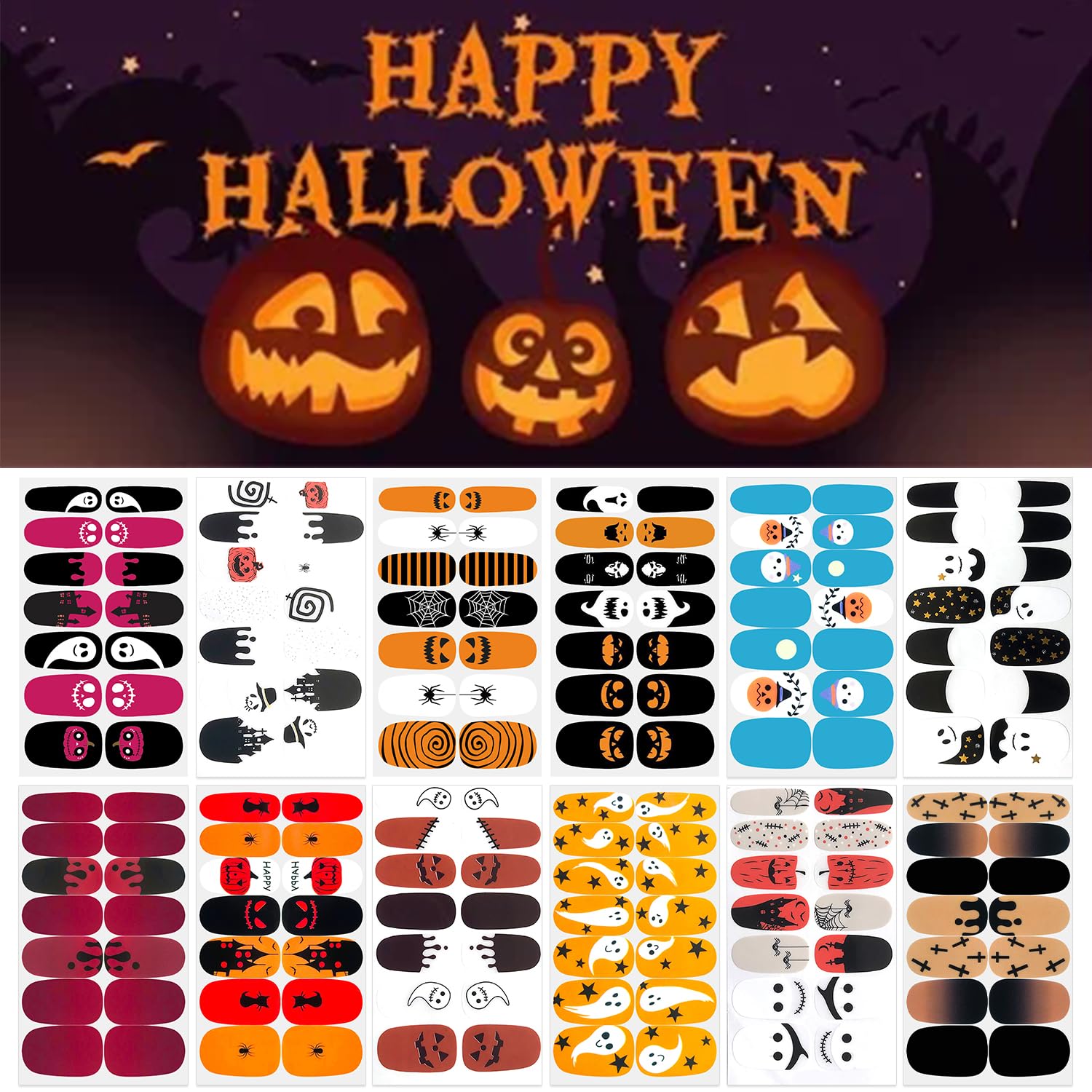 12 Sheets Self-Adhesive Nail Polish Stickers | Full Nail Wraps for Women | Halloween & Christmas Holiday Designs | Includes 1 Nail File | Perfect for Manicures, Parties & Gift Giving
