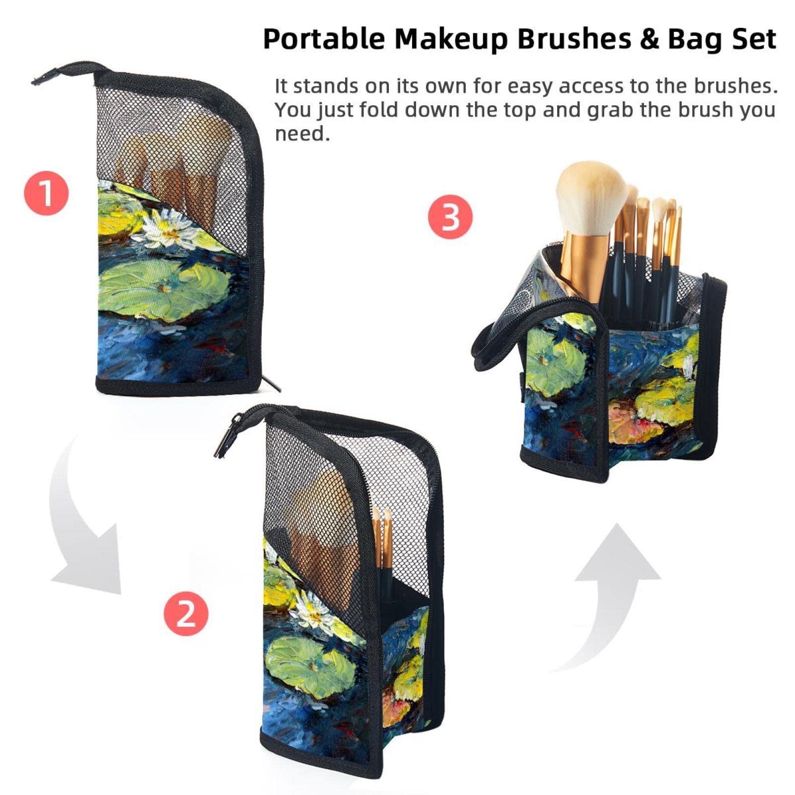 12 Pcs Makeup Brush Organizer Bag with Water Lily Lotus Oil Painting Design - Portable Travel Cosmetic Brush Holder Case for Professional Makeup Artists & Beauty Lovers (Perfect for Travel, Home Storage & Salon Use)