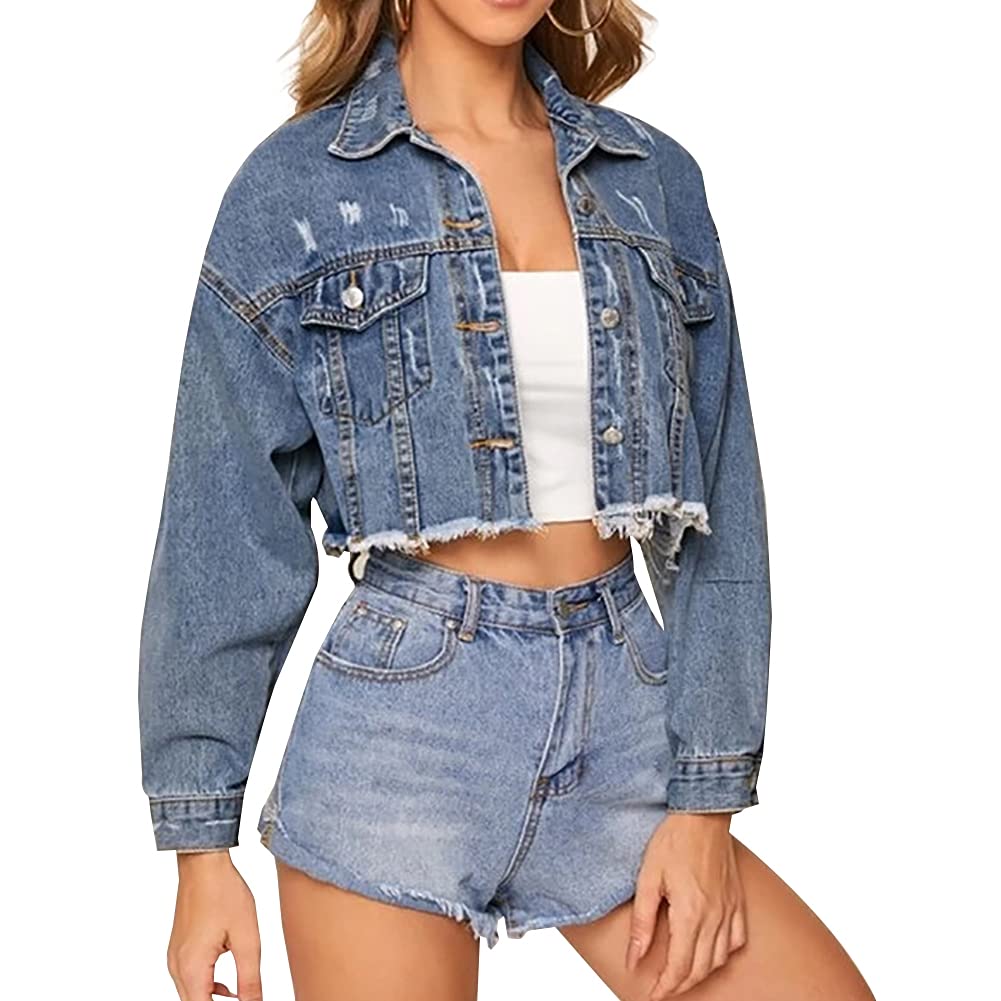 LONGYIDA Women's Cropped Denim Jacket - Button Down Frayed Jean Coat for Casual Outfits & Street Style | Perfect for Spring, Fall & Layering