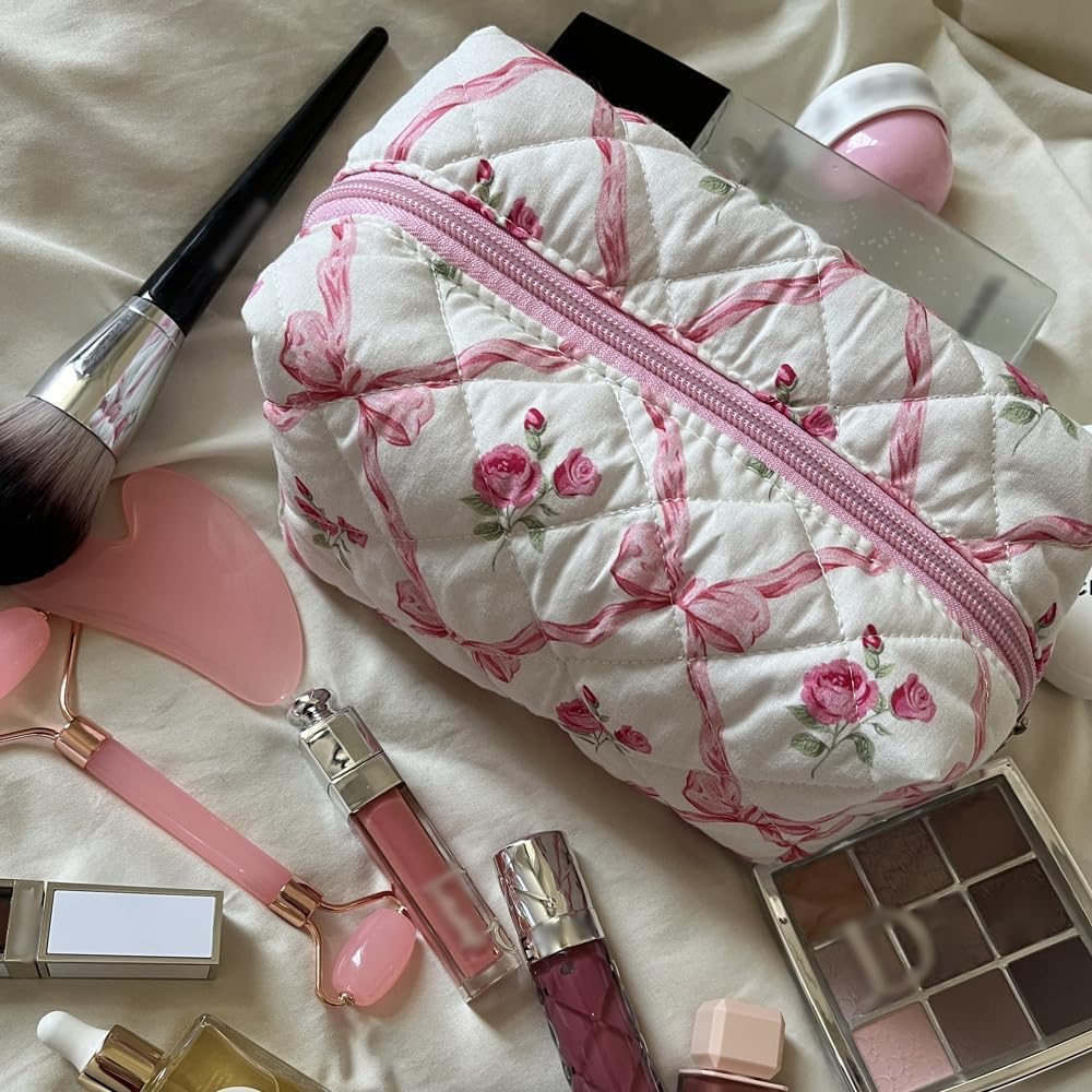 Quilted Small Makeup Bag with Pink Ribbons - Coquette Cosmetic Pouch & Travel Toiletry Organizer for Women & Girls | Perfect for Daily Use, Travel, and Gift Giving