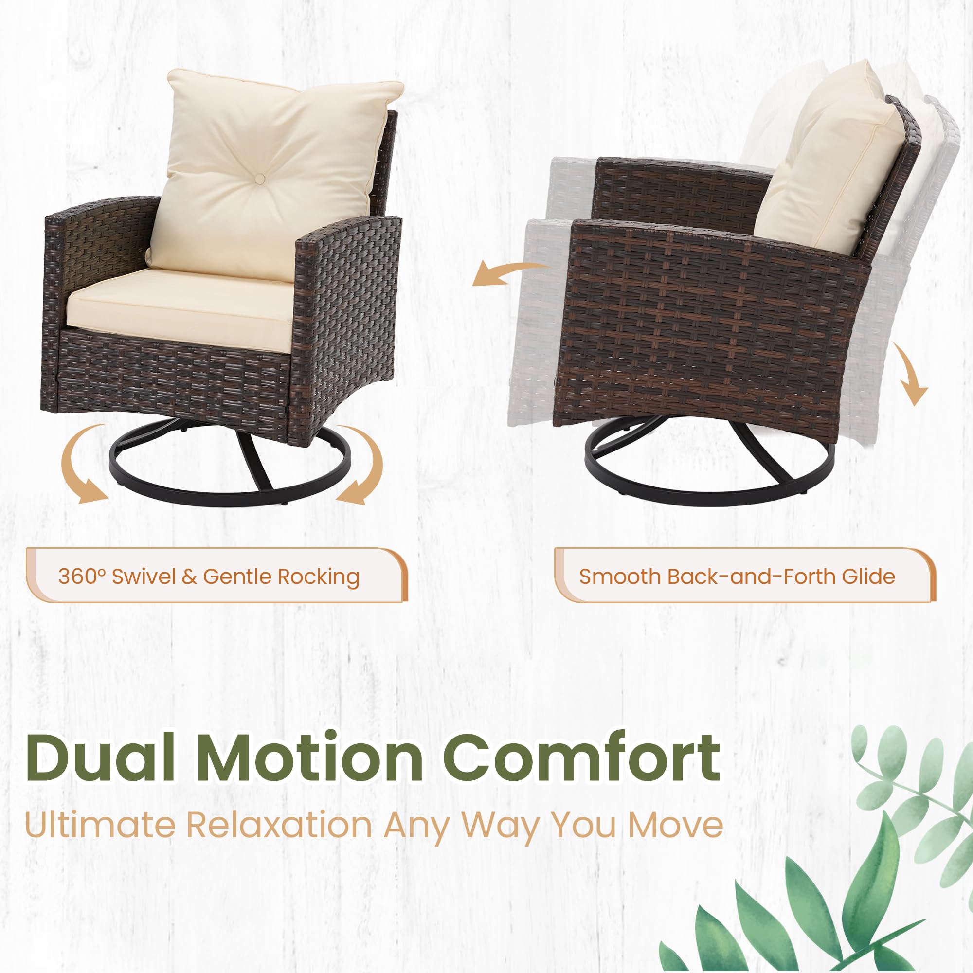 3-Piece Outdoor Patio Furniture Set with Swivel Rocking Chairs, Side Table & Washable Cushions - Beige - Perfect for Porch, Balcony, Deck, Garden and Backyard Relaxation