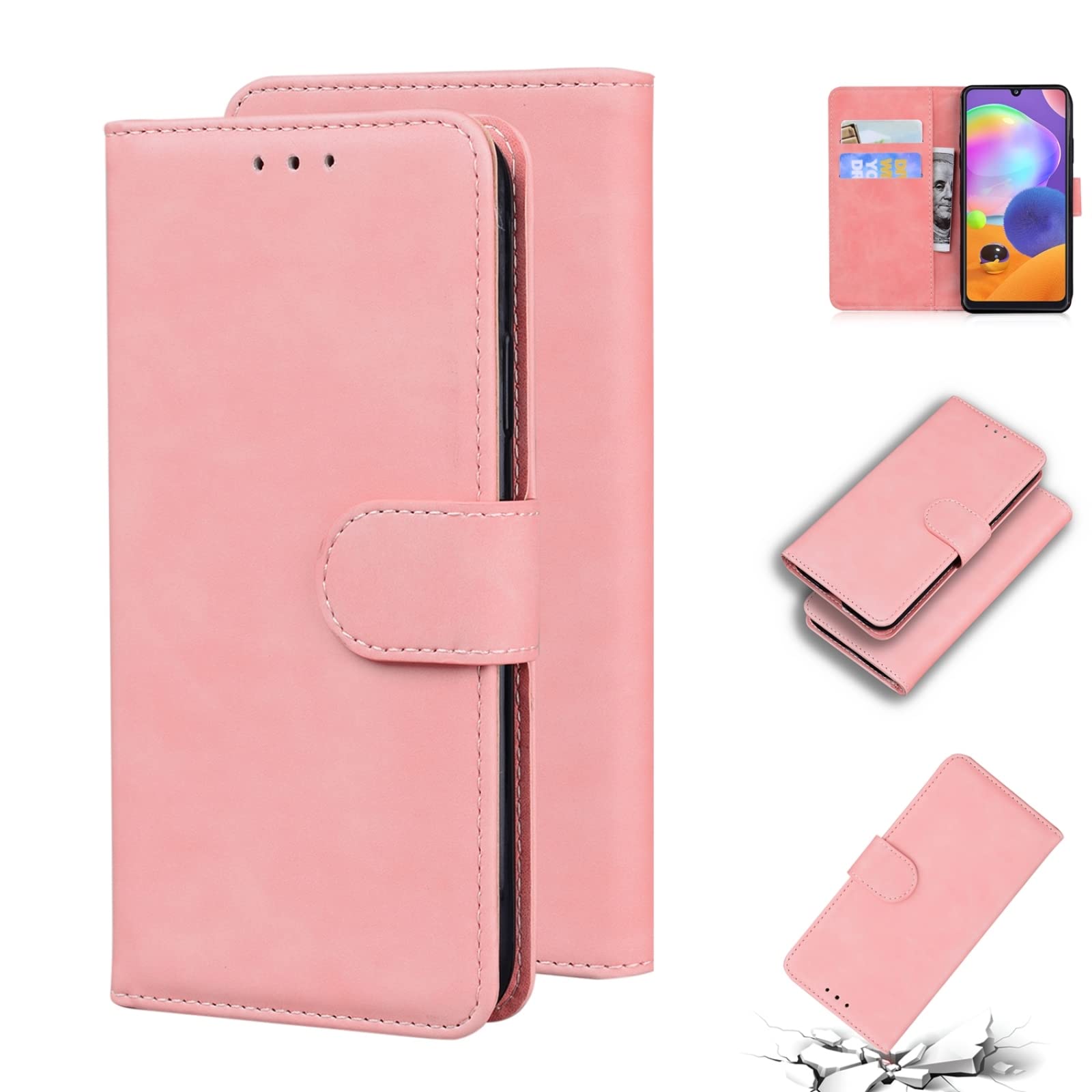 Samsung Galaxy A31 Leather Phone Case - Premium Skin Feel Flip Cover, Pure Color (Pink) | Slim Protective Case for Everyday Use & Business Meetings