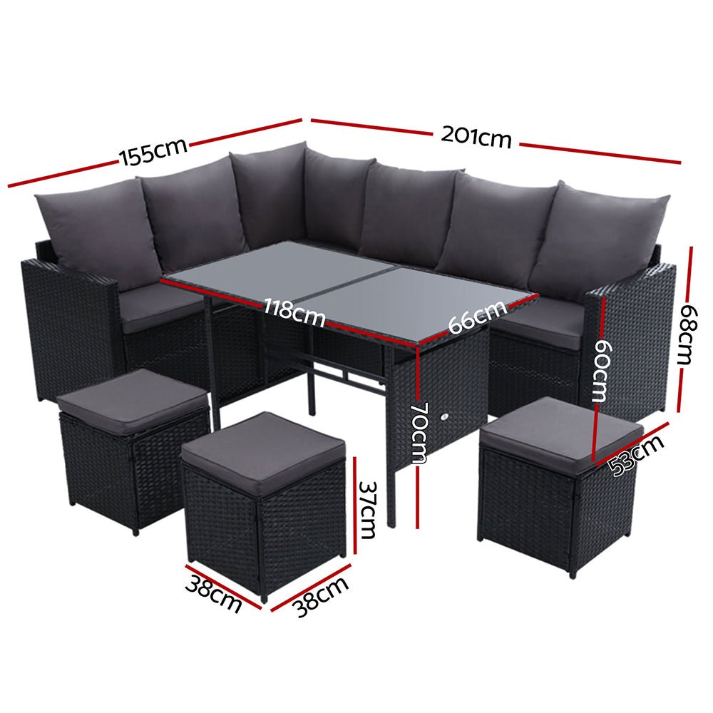9-Piece Black Wicker Outdoor Patio Furniture Set - Perfect for Garden, Poolside, and Backyard Relaxation
