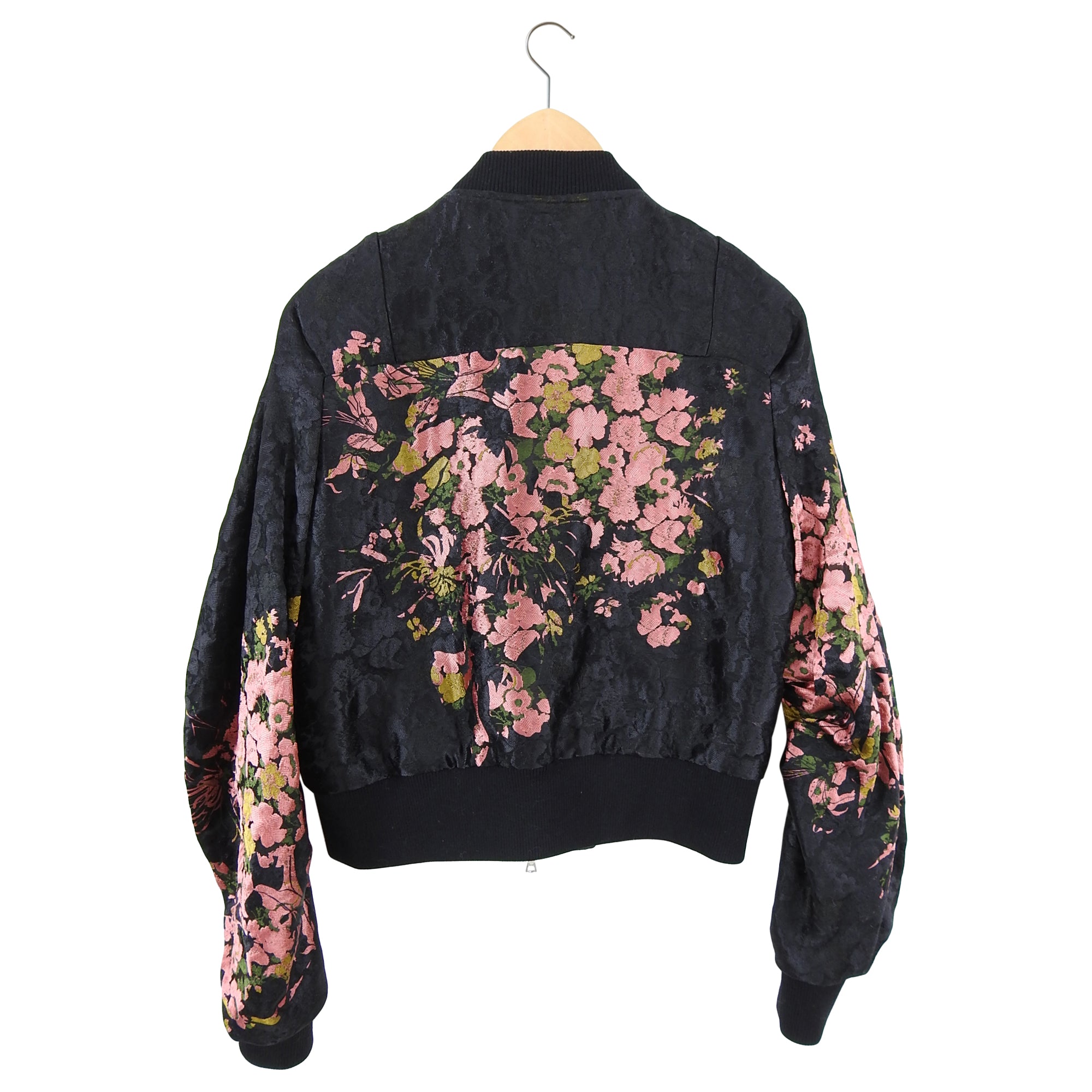 Dries Van Noten Women's Pink & Black Floral Jacquard Bomber Jacket - Size 38/6 | Stylish Lightweight Spring Outerwear for Casual Wear & Night Out