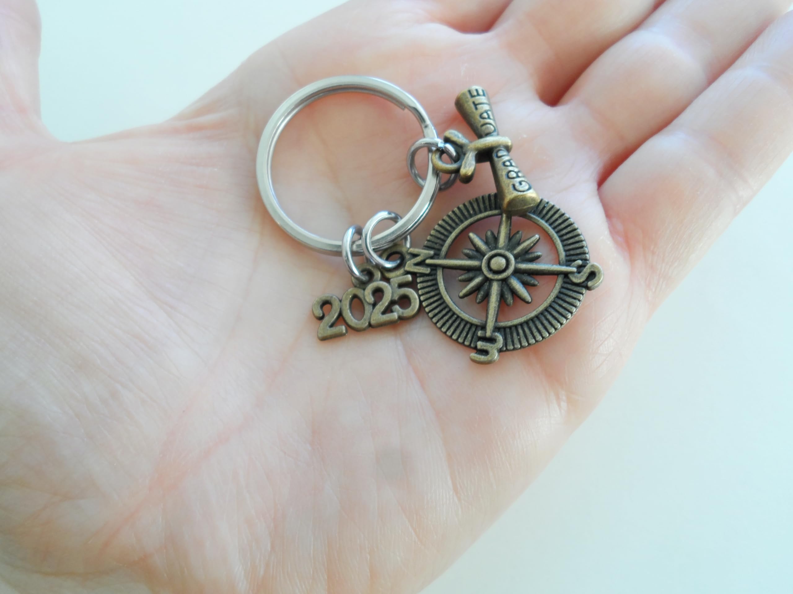 2025 Graduation Bronze Compass Charm Keychain - Personalized Class of 2025 Graduate Gift with Engraved Charm - Perfect for High School & College Graduation Parties, Commencement Ceremonies & Graduation Gift Giving
