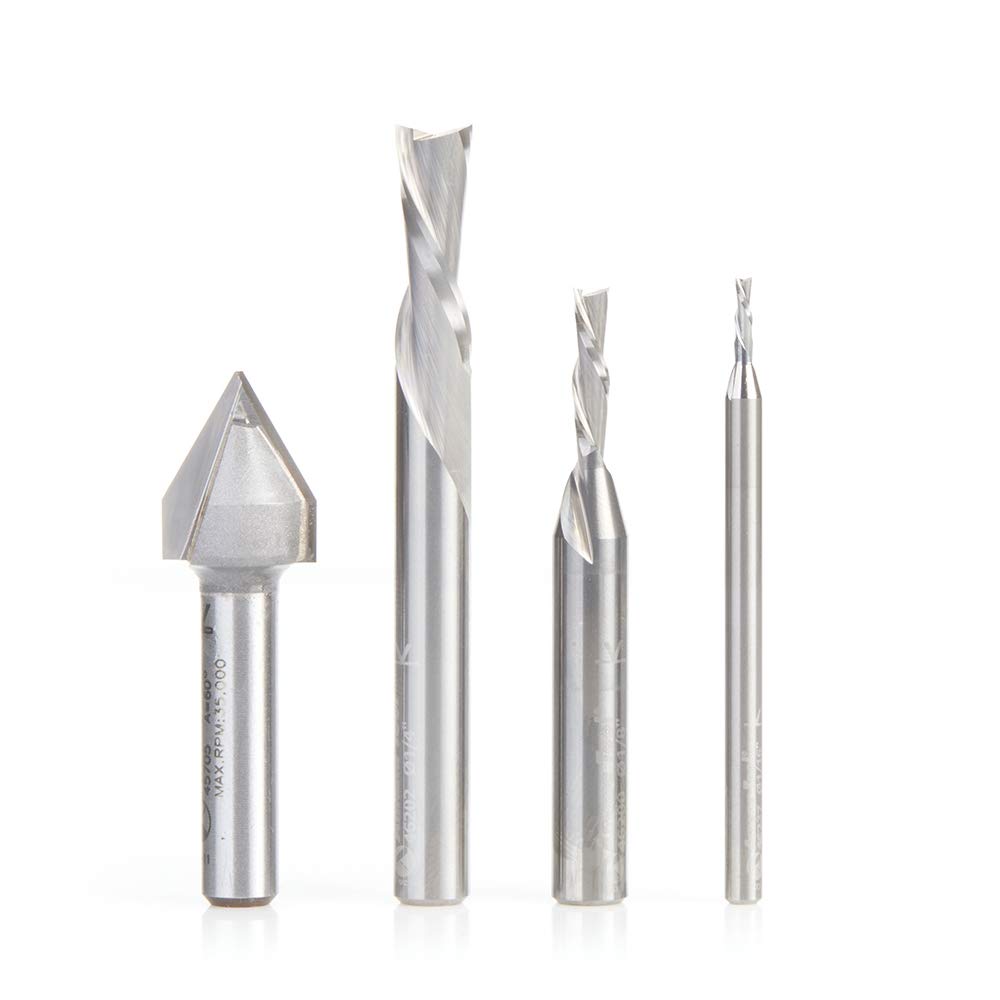 Amana Tool AMS-294 4-Piece CNC Router Bit Set with 1/8 & 1/4 Inch Shank - Perfect for Woodworking, Engraving & DIY Projects